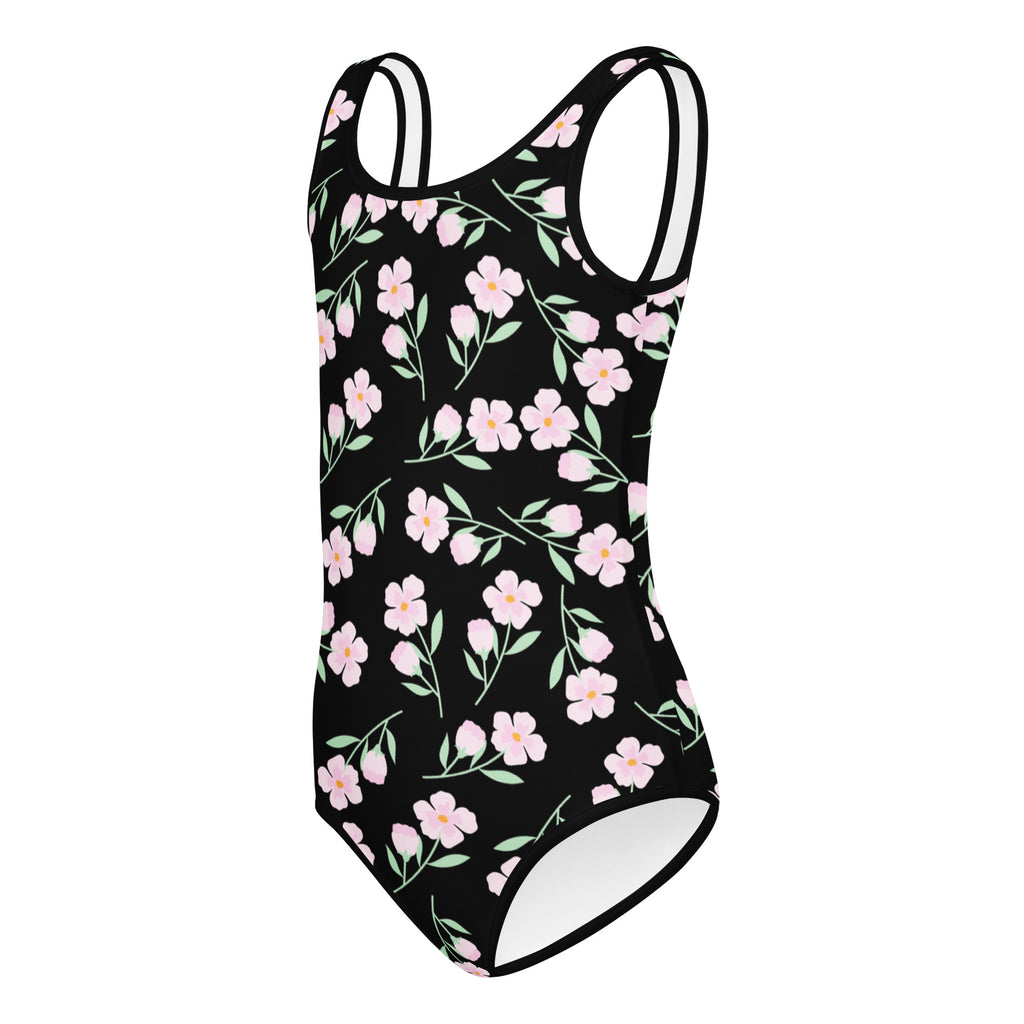 Girls black floral buttery soft leotard with pink flowers and green stems quick drying for dance and gymnastics