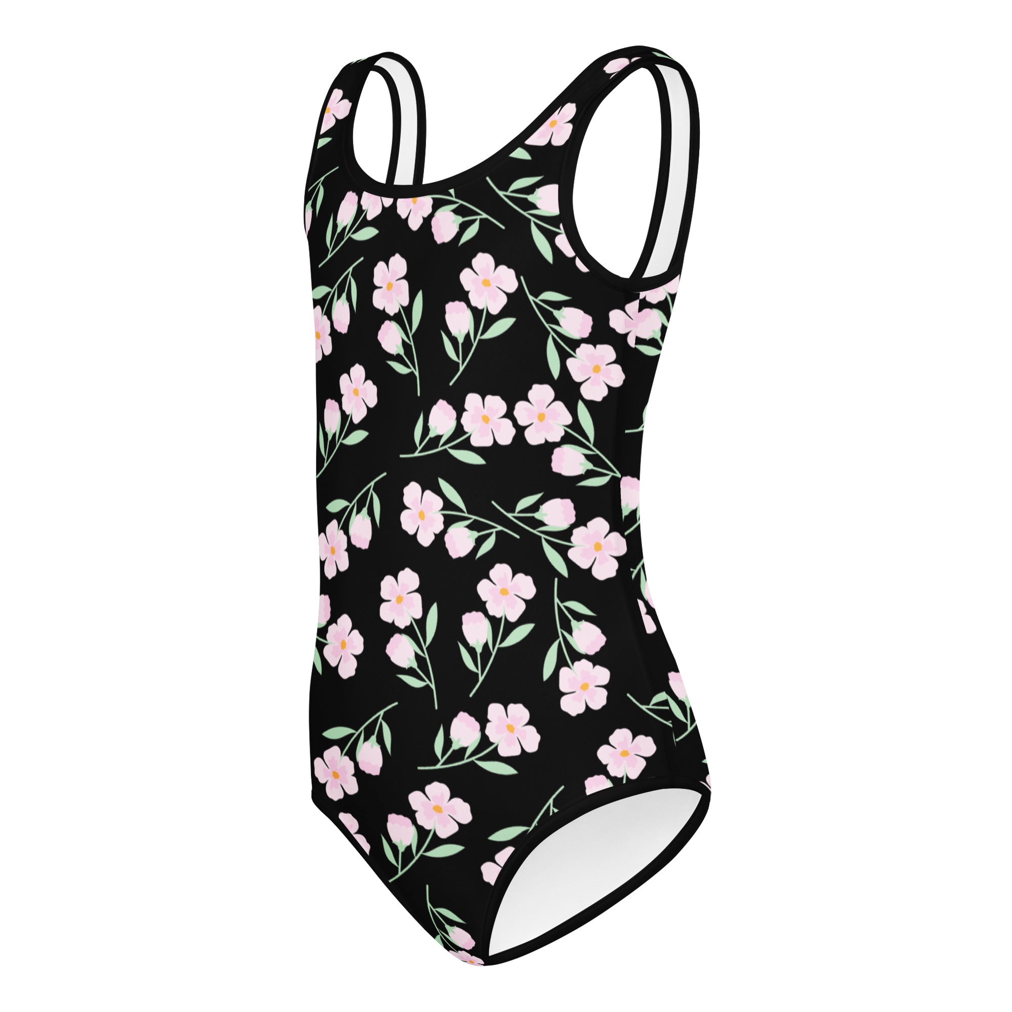Girls black floral buttery soft leotard with pink flowers and green stems quick drying for dance and gymnastics
