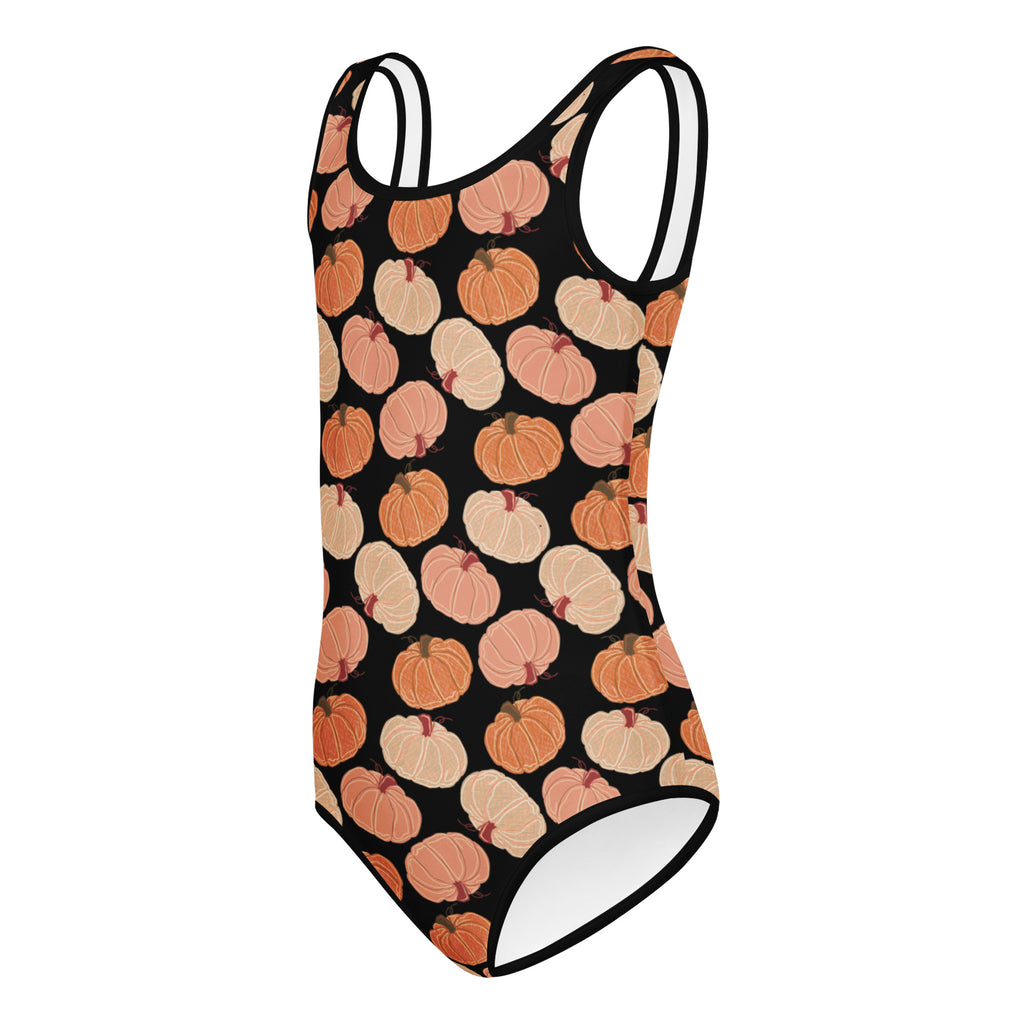 Black girls one-piece swimsuit with orange and cream pumpkins pattern buttery soft quick drying for dance and gymnastics