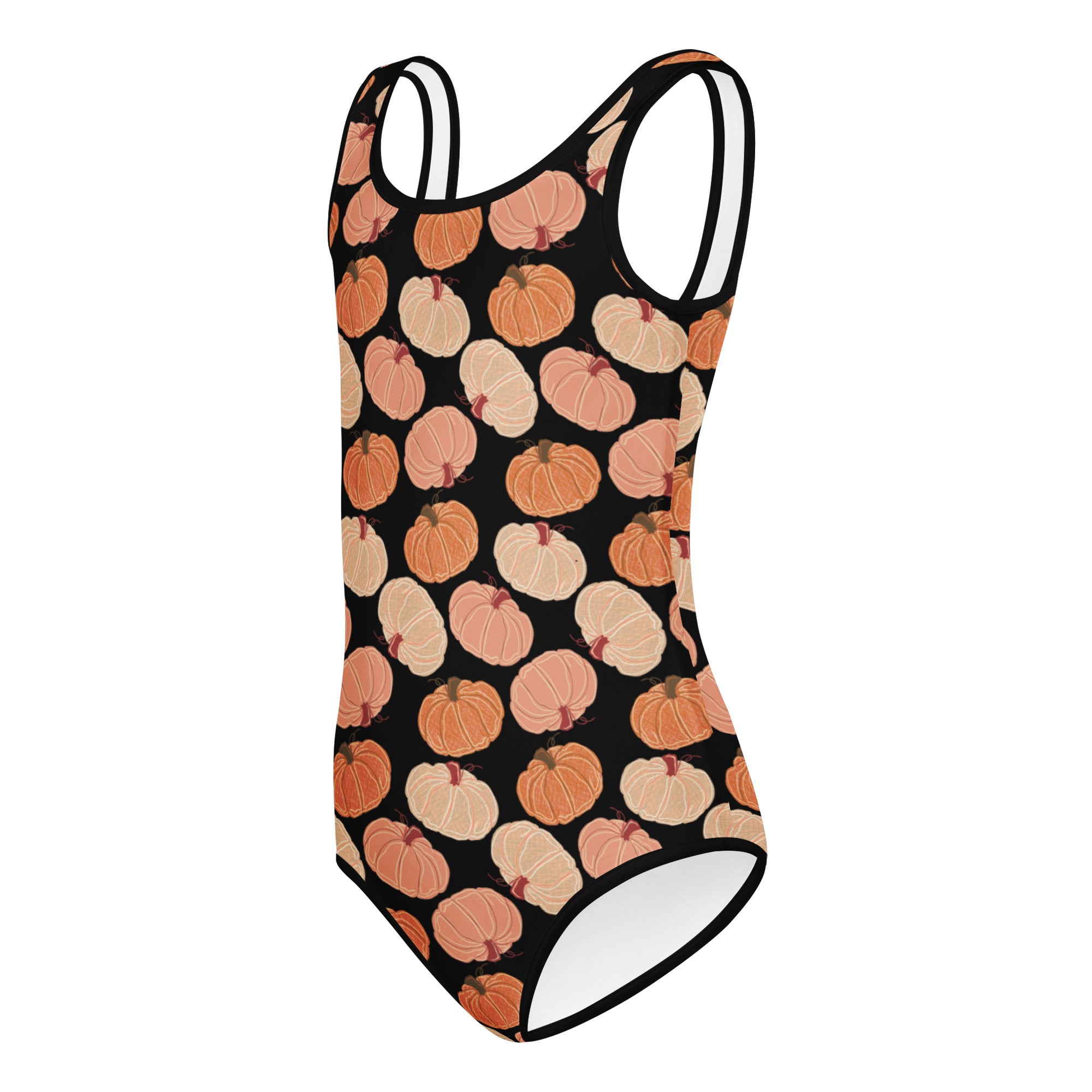 Black girls one-piece swimsuit with orange and cream pumpkins pattern buttery soft quick drying for dance and gymnastics