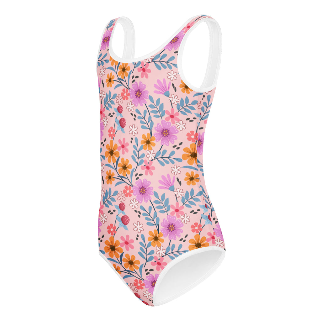 Girls pink floral buttery soft one-piece swimsuit with white trim and colorful flowers quick drying for dance and gymnastics