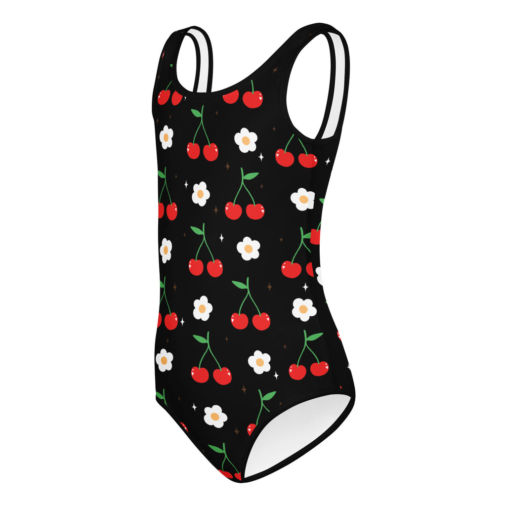 Black girls cherry blossom buttery soft leotard with red cherries green stems white daisies and star sparkles for dance