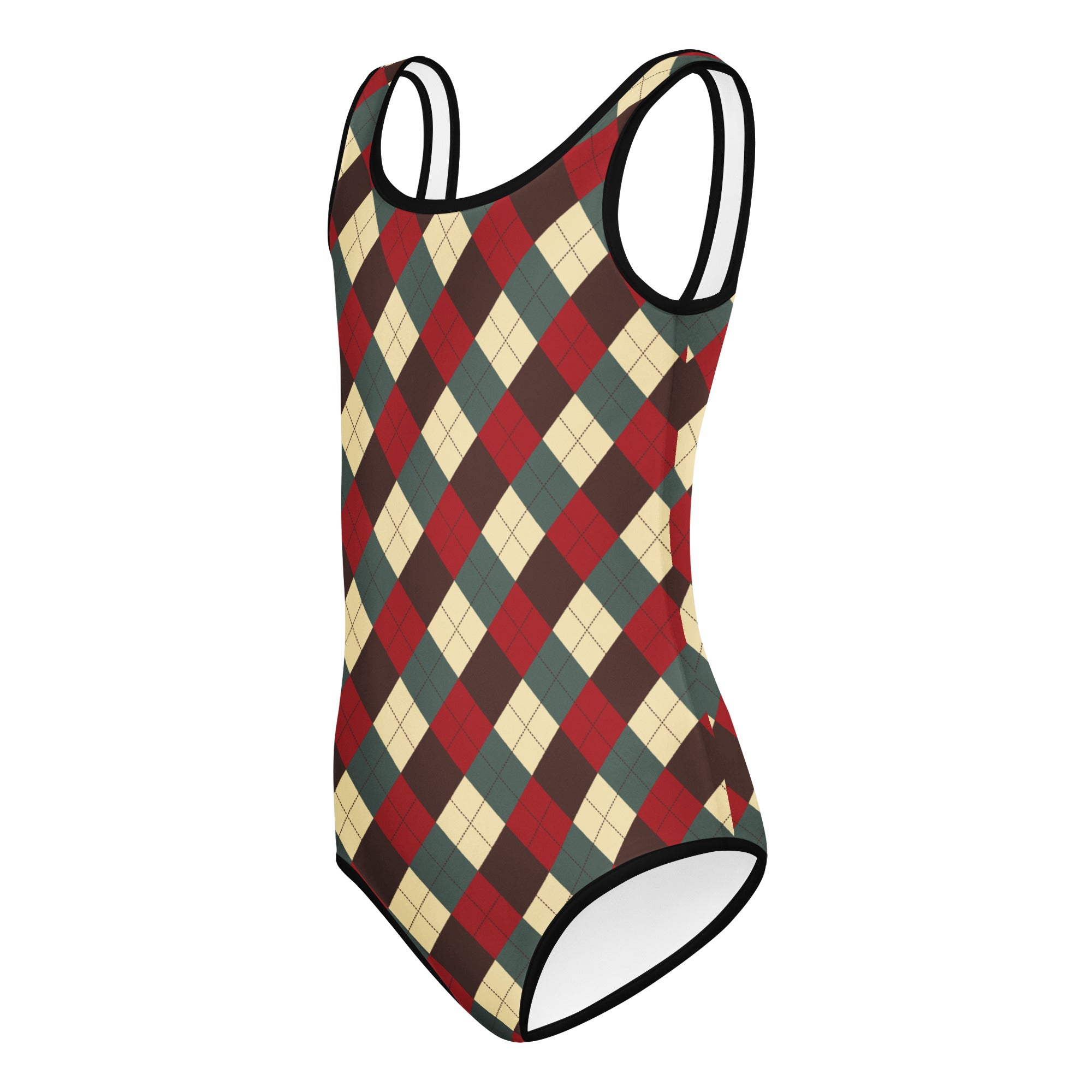 Girls vintage Christmas argyle buttery soft one-piece swimsuit in red green beige with black trim for dance and gymnastics
