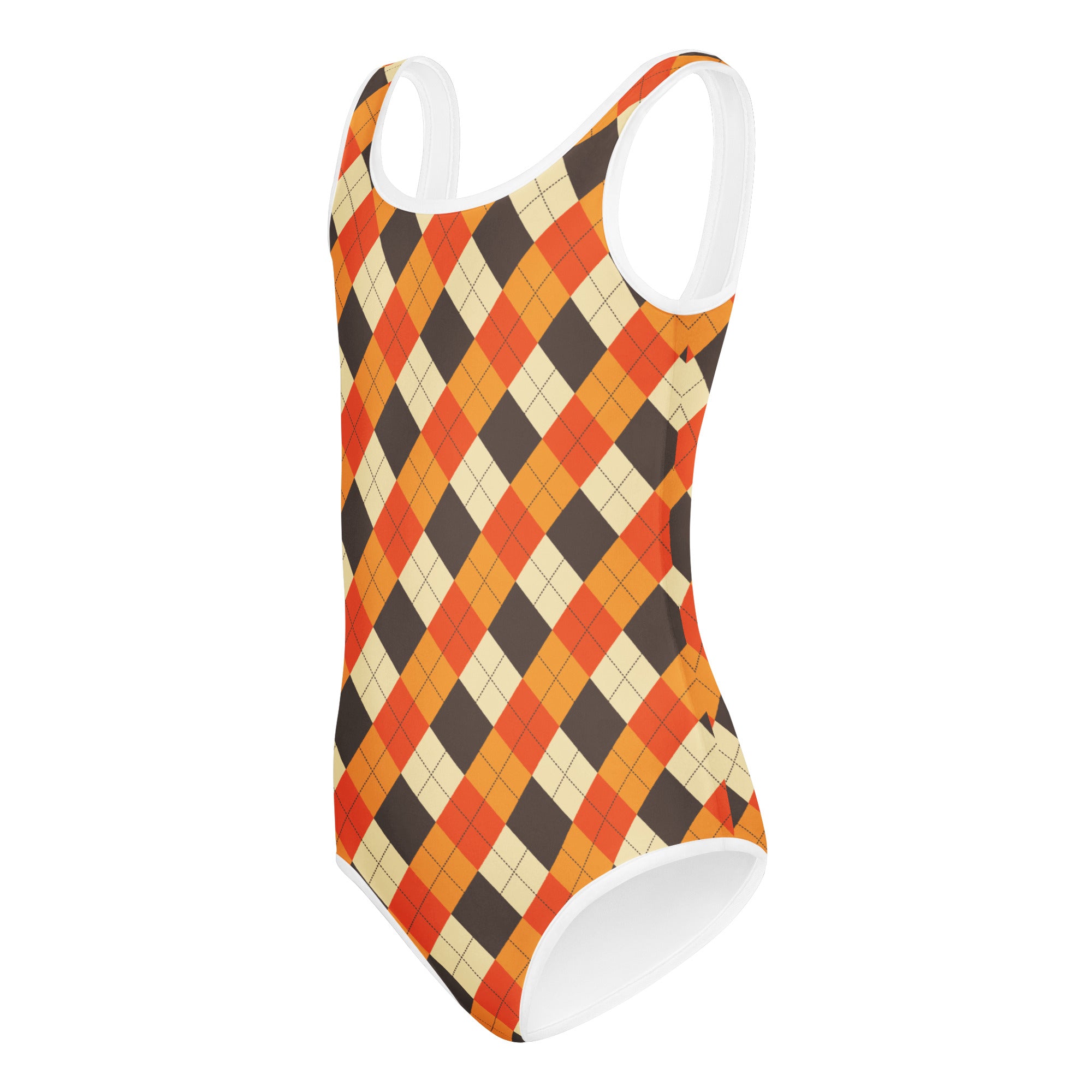 Girls fall argyle buttery soft leotard in vibrant orange brown and cream quick drying swimsuit for dance and gymnastics