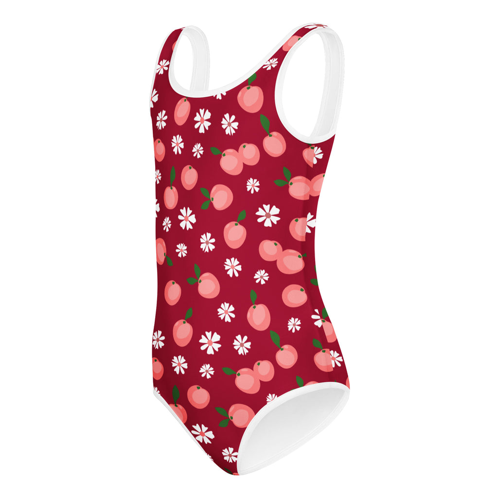 Girls peach blossom buttery soft leotard in red with white floral peach patterns and white trim for dance and gymnastics