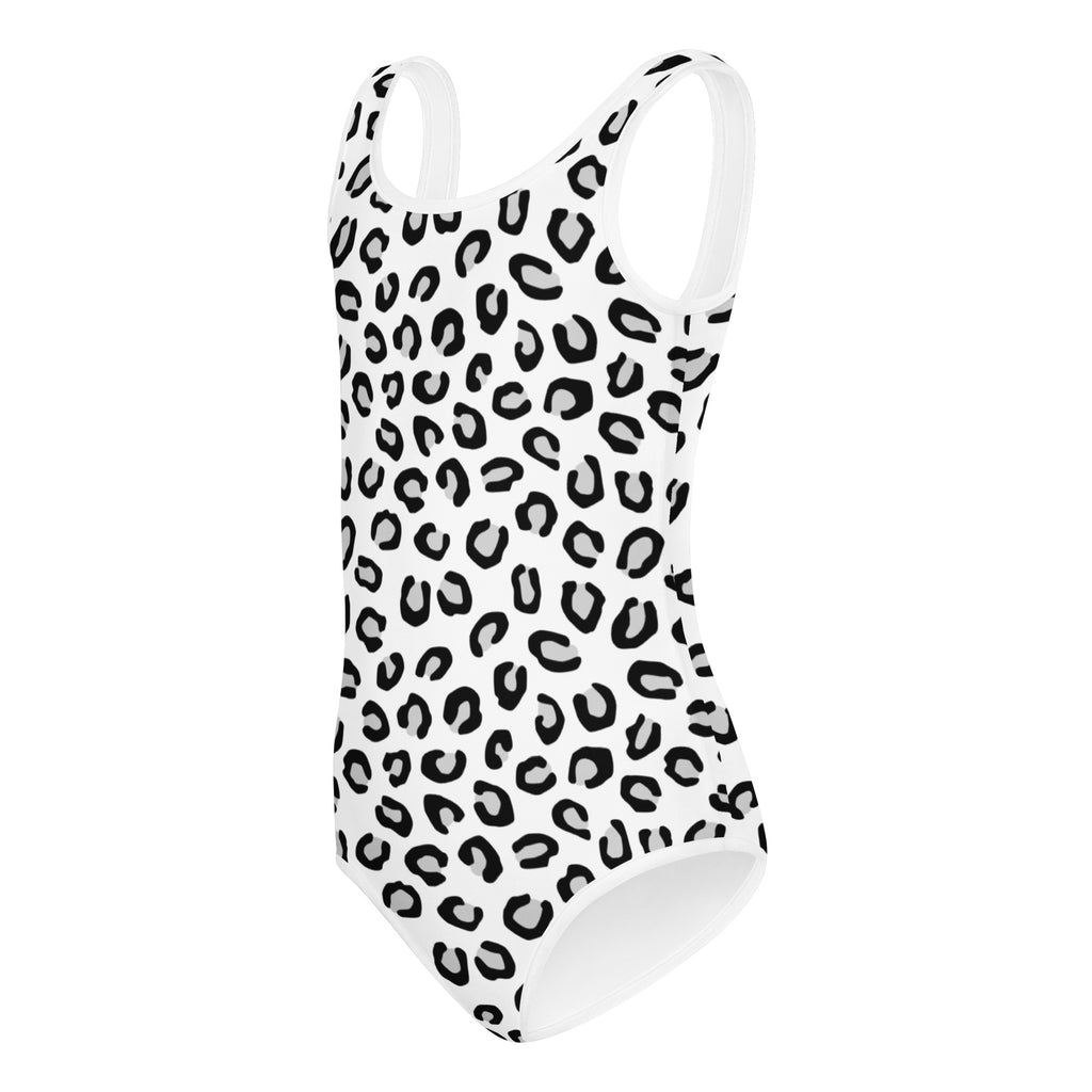 Girls white leopard buttery soft one-piece swimsuit with black print quick drying for dance and gymnastics