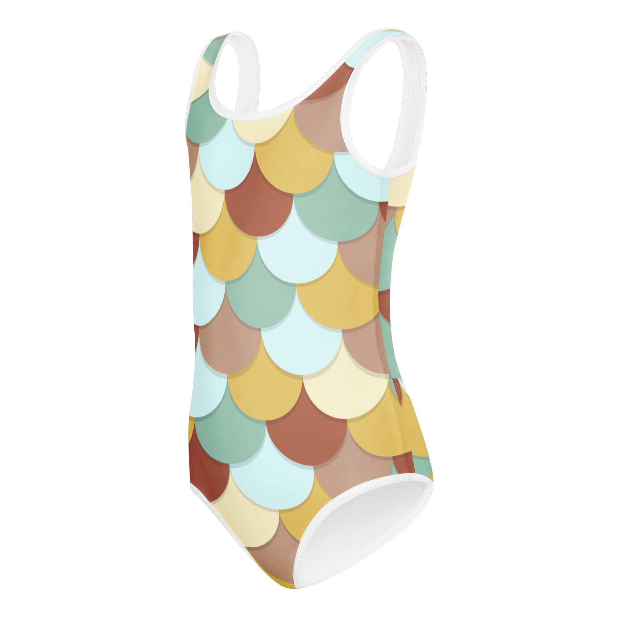 Girls mermaid buttery soft leotard with vibrant yellow teal brown cream scale pattern and white trim for dance and gymnastics