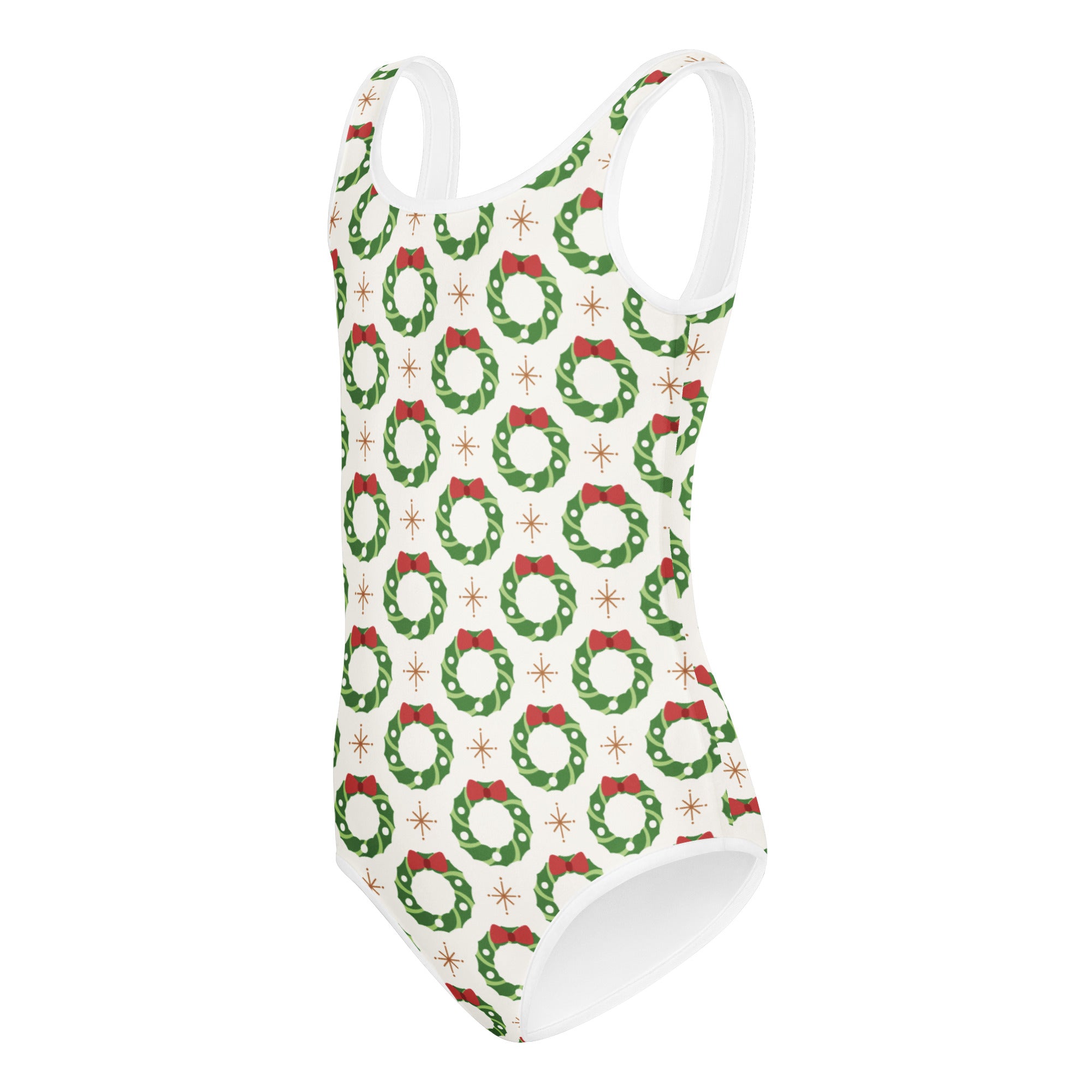 Girls Christmas wreath buttery soft white one-piece swimsuit with green wreaths red bows and gold starbursts for dance
