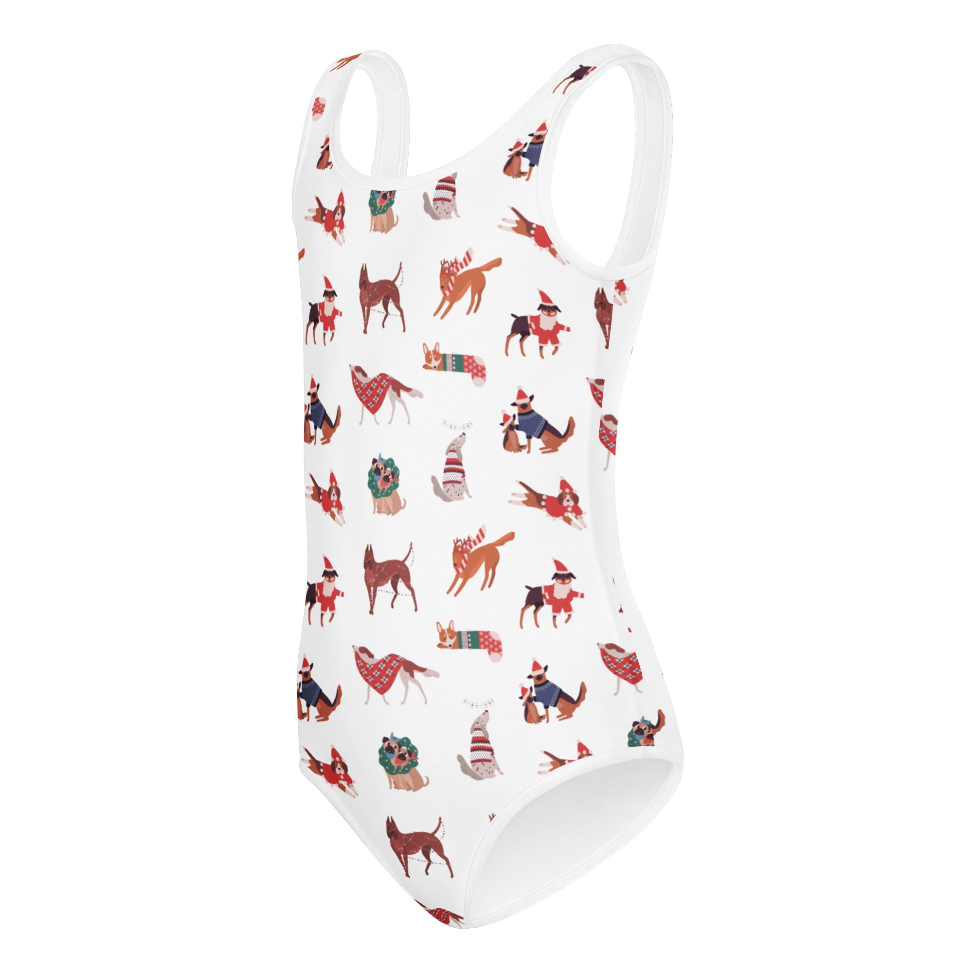 White girls christmas dogs buttery soft one-piece swimsuit featuring festive cartoon dogs for dance and gymnastics