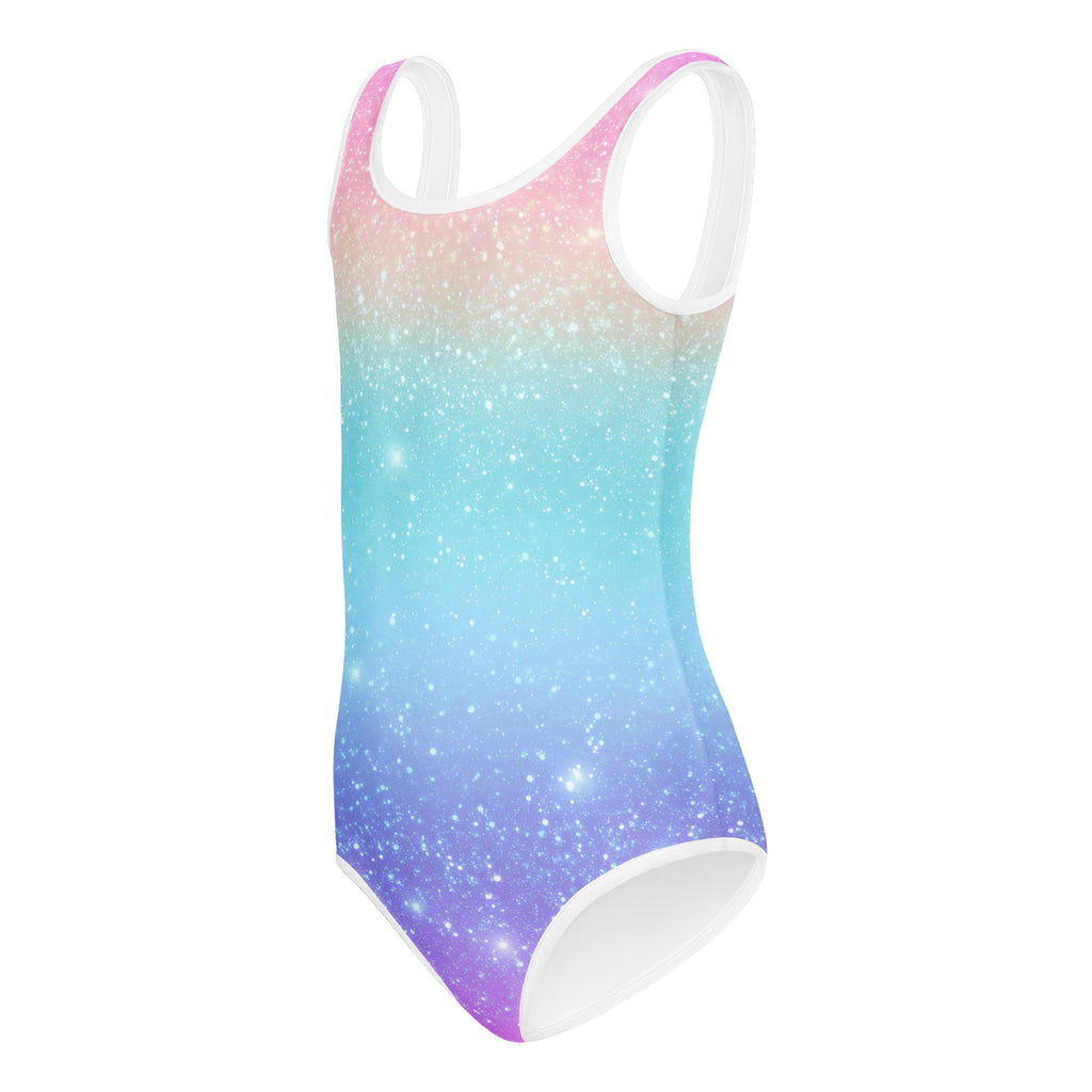 Girls faux sparkle effect rainbow buttery soft galaxy-themed leotard with pink blue purple hues for dance and gymnastics