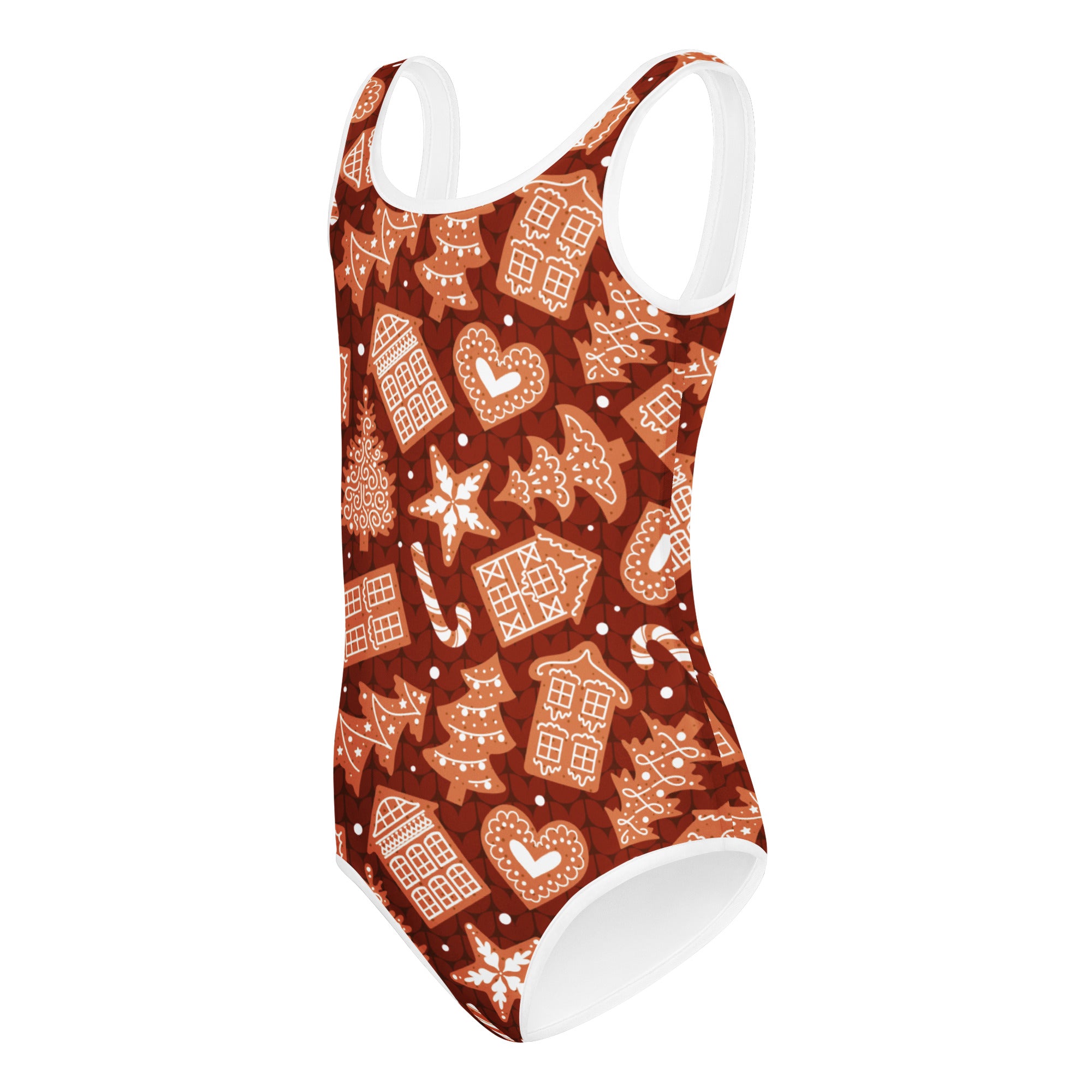 Girls red brown one-piece leotard with gingerbread house candy cane snowflake pattern buttery soft quick drying