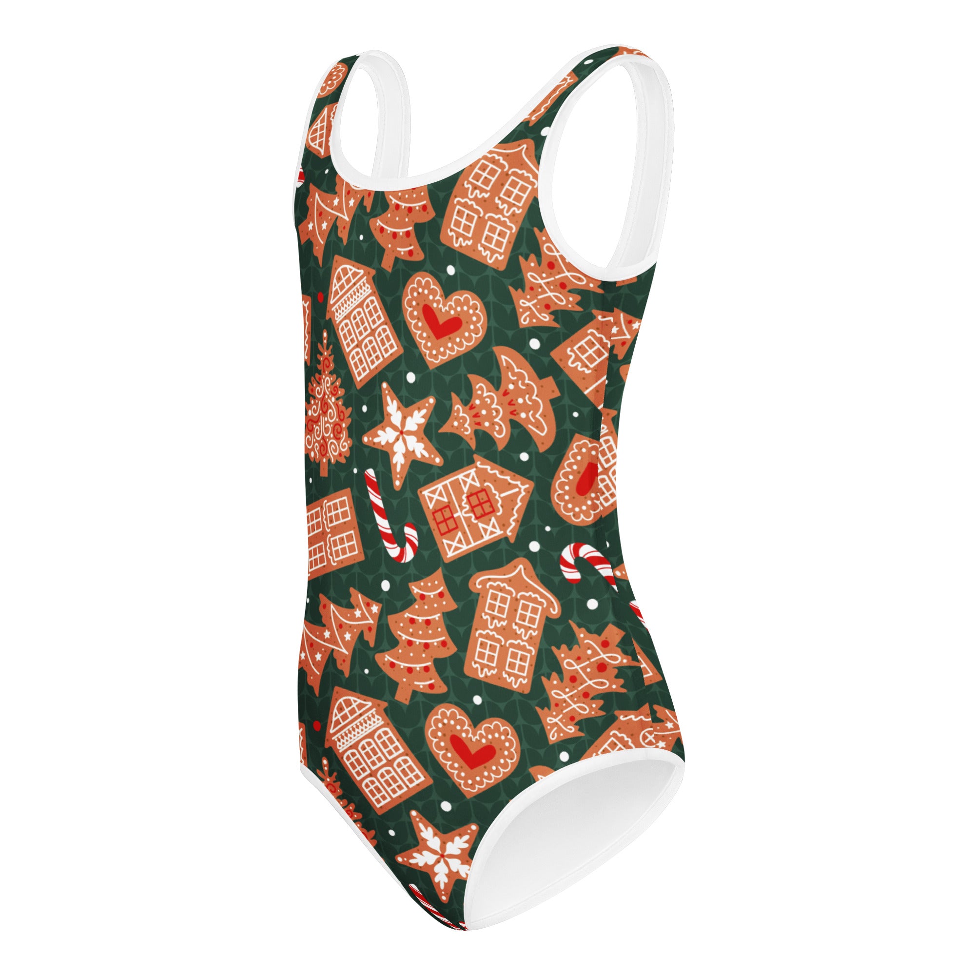 Girls green gingerbread cookies buttery soft one-piece swimsuit with festive orange red pattern and white trim for dance and gymnastics