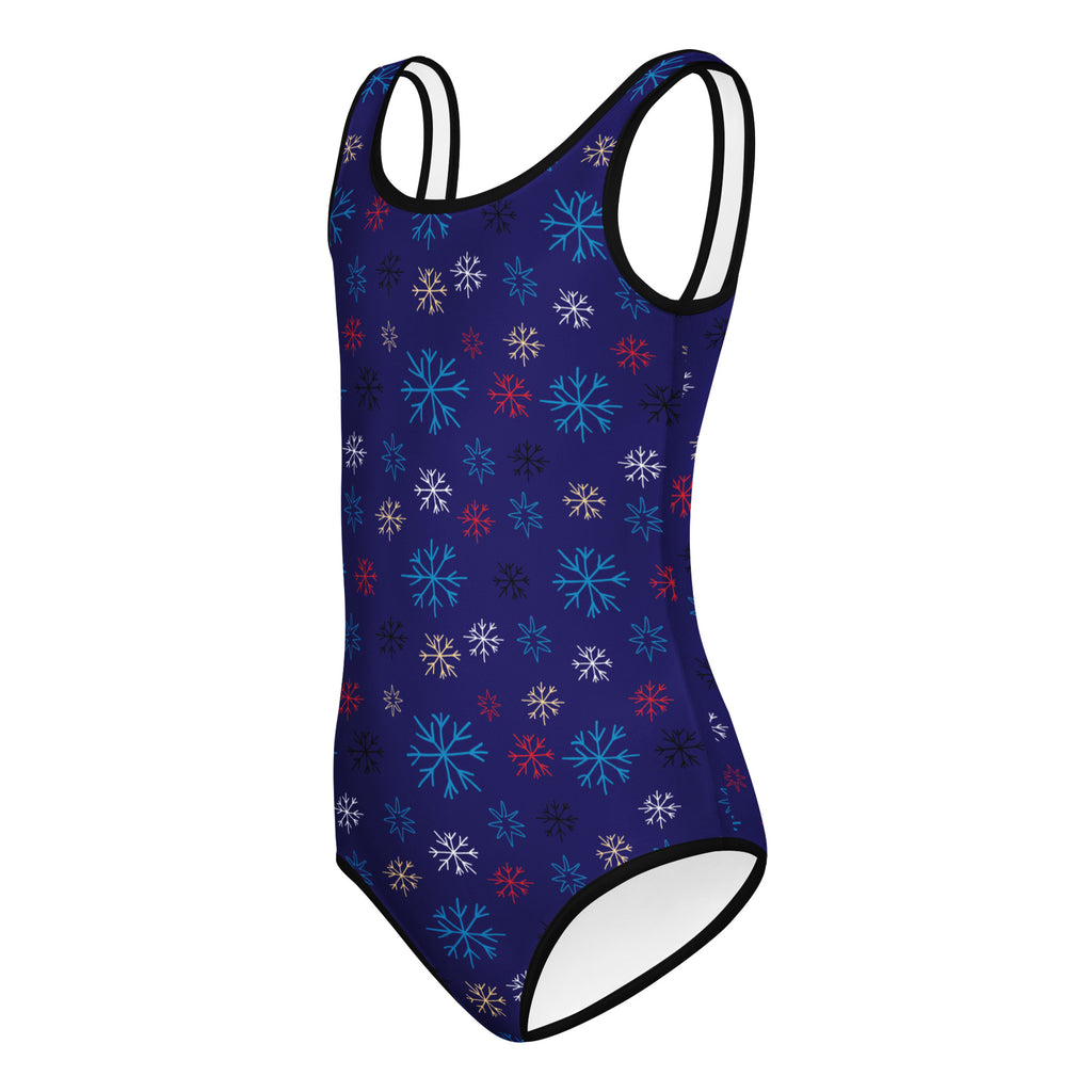 Girls blue snowflake buttery soft one-piece swimsuit with thin white straps quick drying for dance and gymnastics