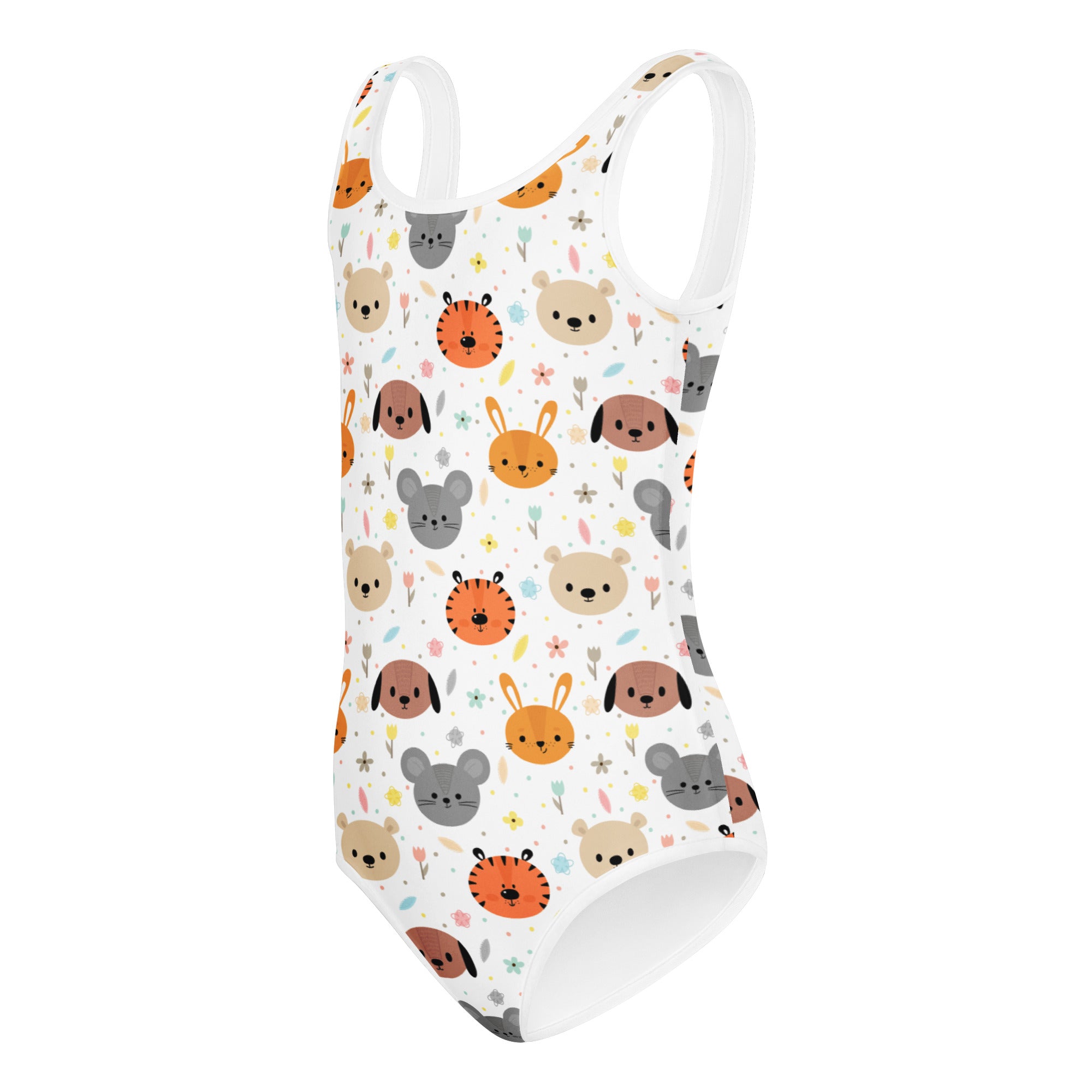 White one-piece swimsuit with playful cartoon animal faces in soft orange beige gray and brown tones for girls dance and gymnastics