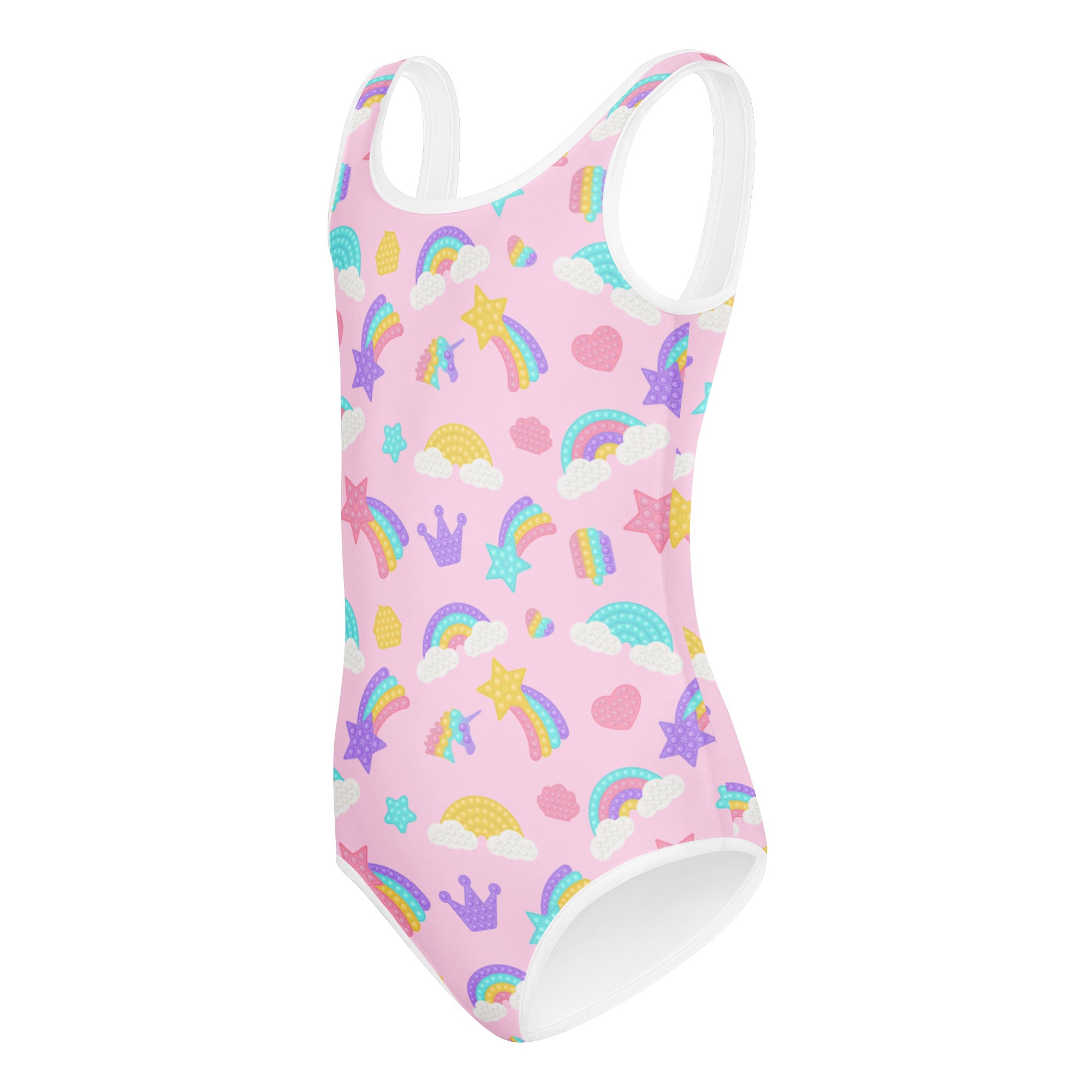 Girls pop fidget toy themed buttery soft pink swimsuit with white trim and pastel rainbows for dance and gymnastics