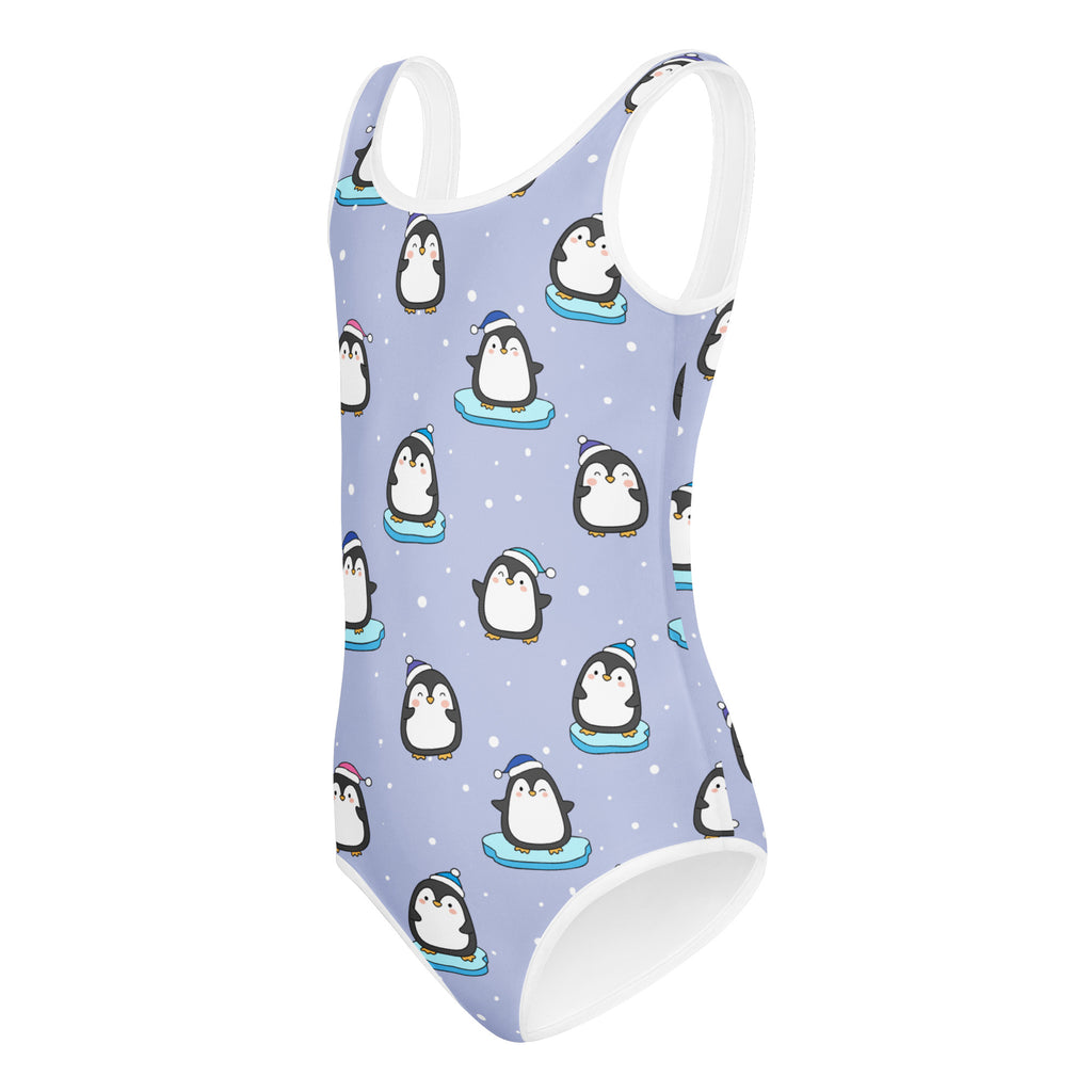 Girls winter penguin buttery soft lavender one-piece swimsuit with cartoon penguin pattern and white trim for dance and gymnastics