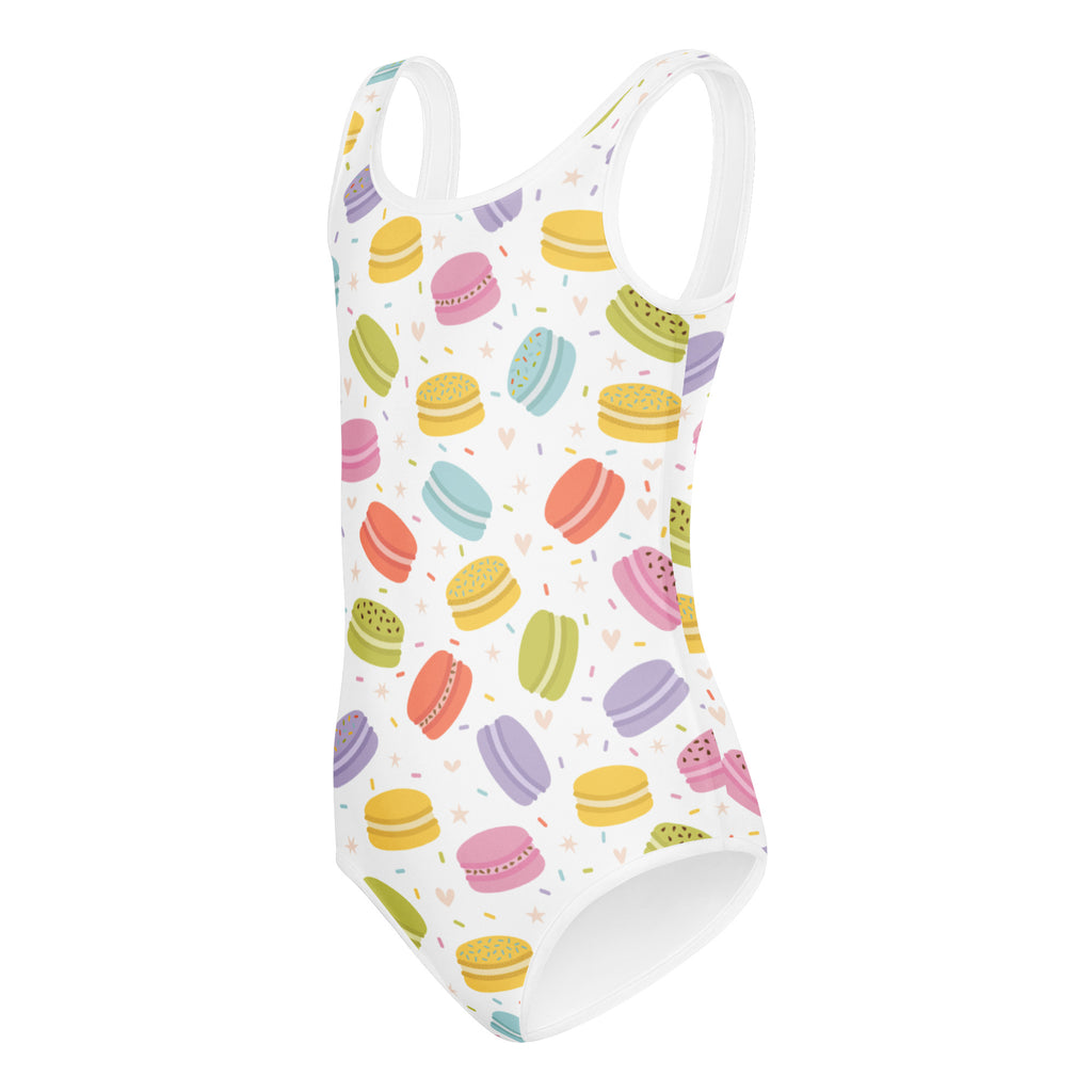 Girls pastel macaron buttery soft quick drying white one-piece swimsuit with colorful macaron pattern for dance and gymnastics