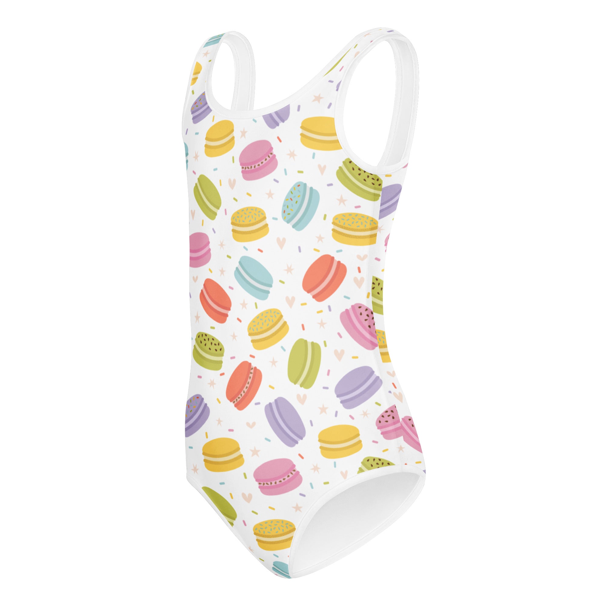 Girls pastel macaron buttery soft quick drying white one-piece swimsuit with colorful macaron pattern for dance and gymnastics