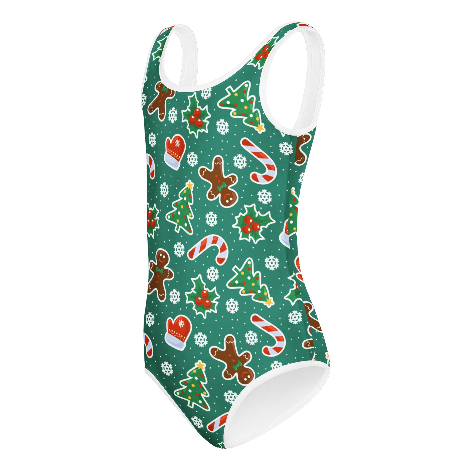 Girls green gingerbread christmas buttery soft leotard with white trim and festive pattern for dance and gymnastics