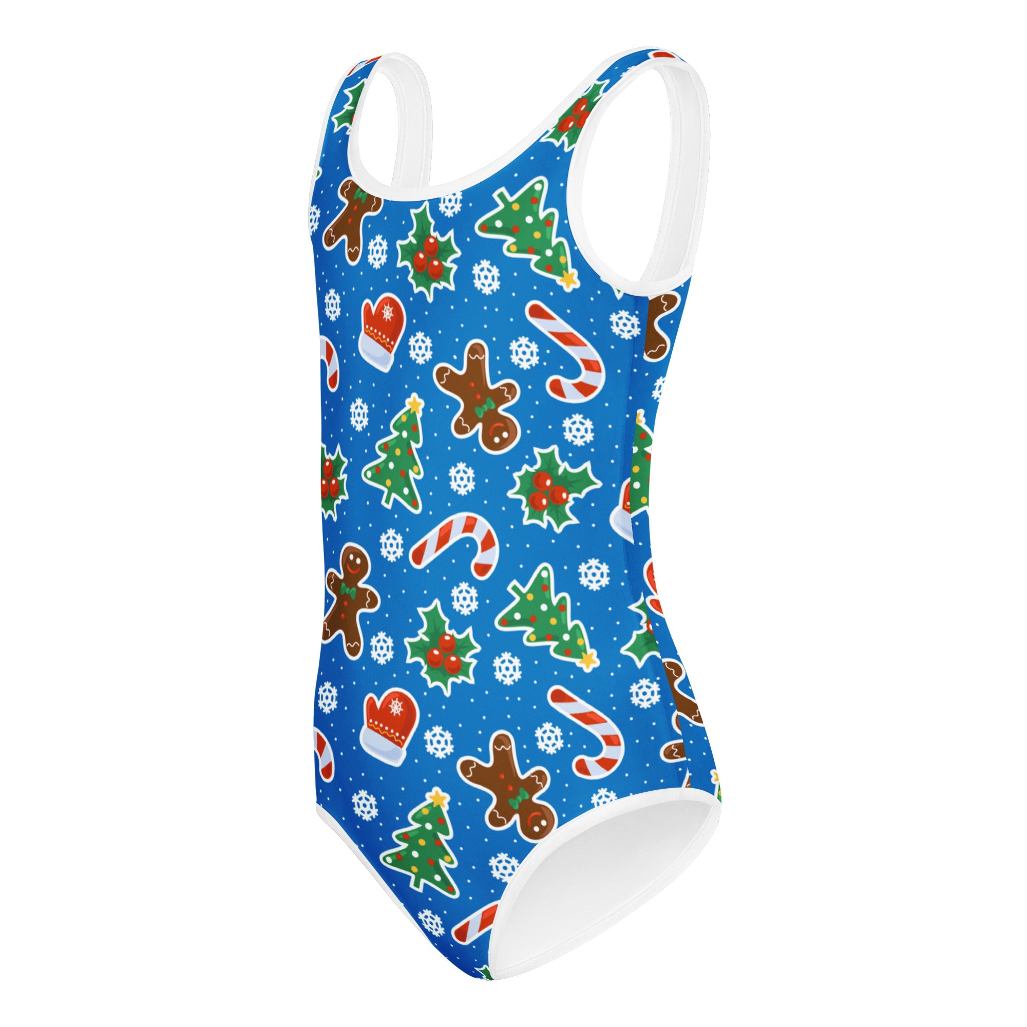Girls blue gingerbread christmas buttery soft quick drying leotard with white trim for dance and gymnastics