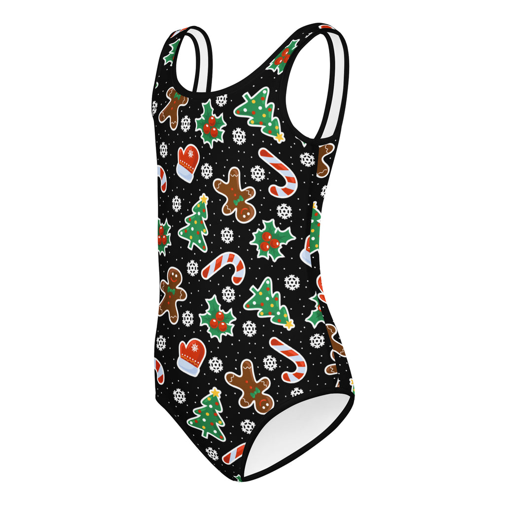 Girls black buttery soft one-piece swimsuit with gingerbread christmas pattern for dance and gymnastics