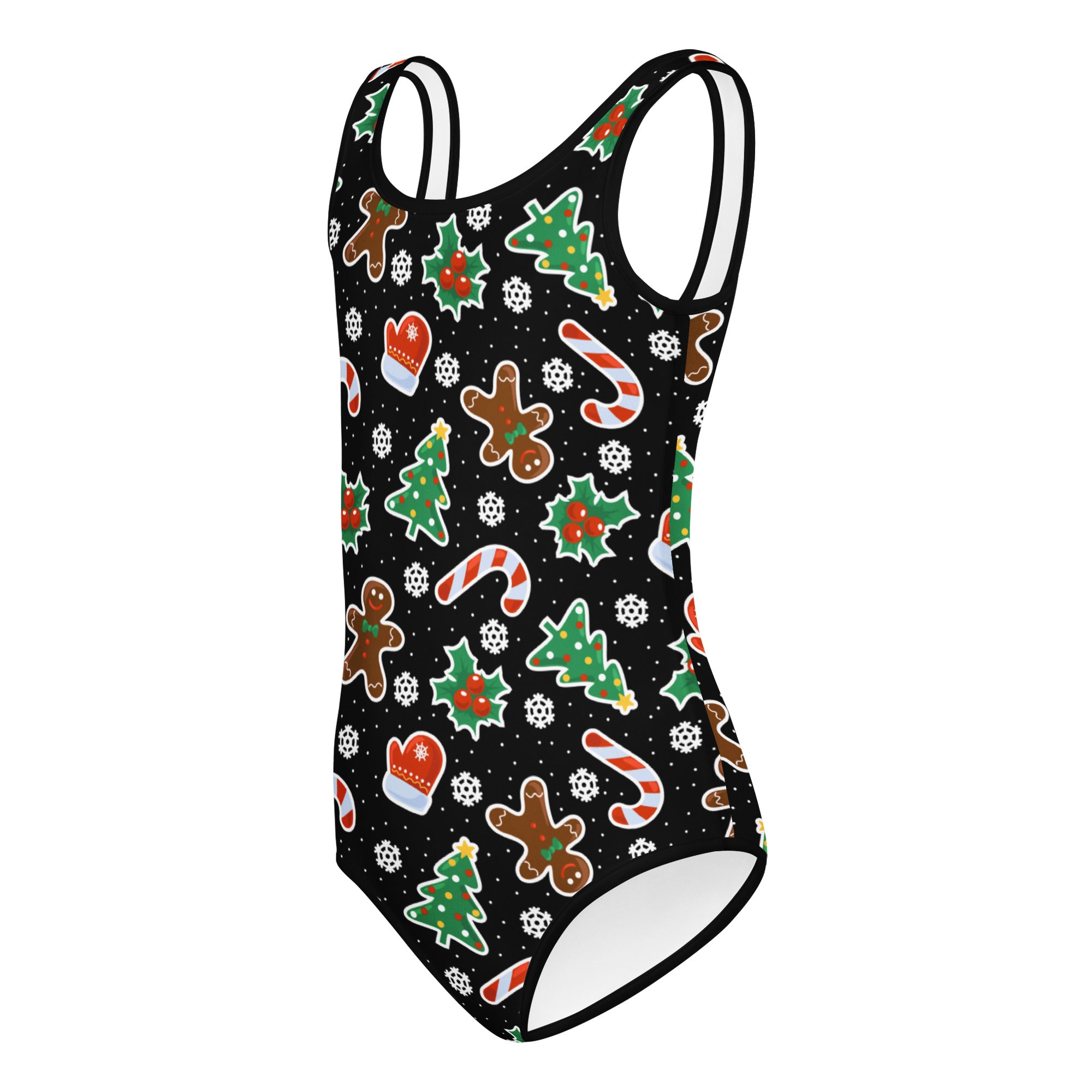Girls black buttery soft one-piece swimsuit with gingerbread christmas pattern for dance and gymnastics