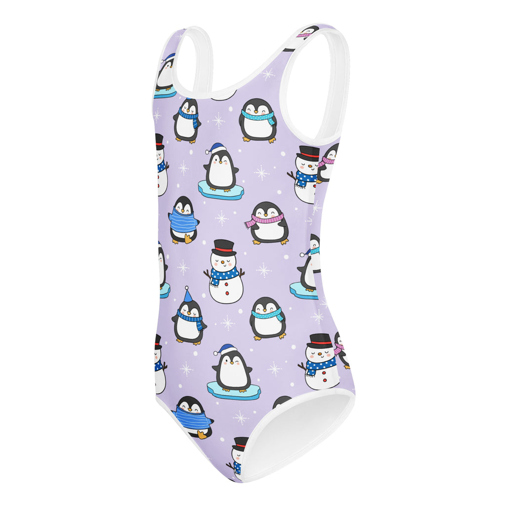Lavender girls winter penguin and snowman buttery soft leotard with playful pattern for dance and gymnastics