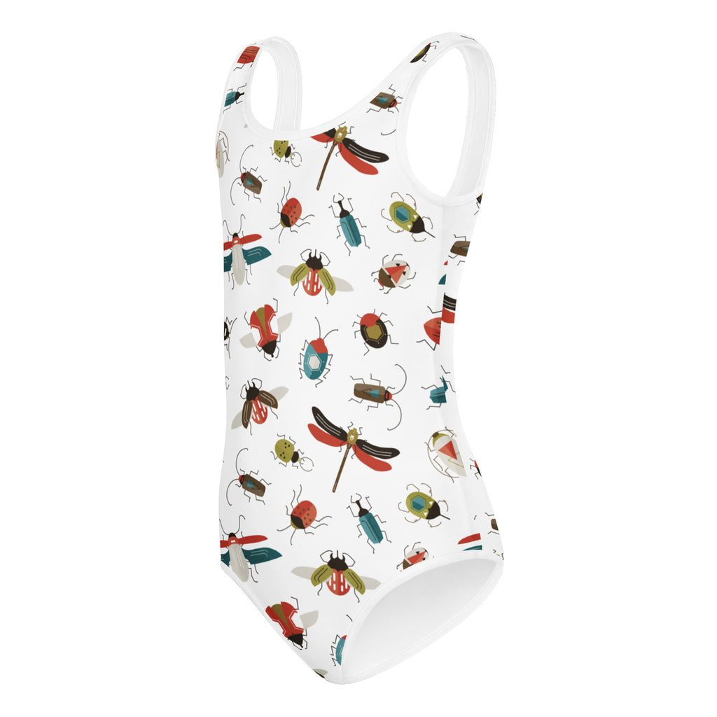 White one-piece swimsuit with colorful cartoon insects pattern in buttery soft fabric for dance and gymnastics