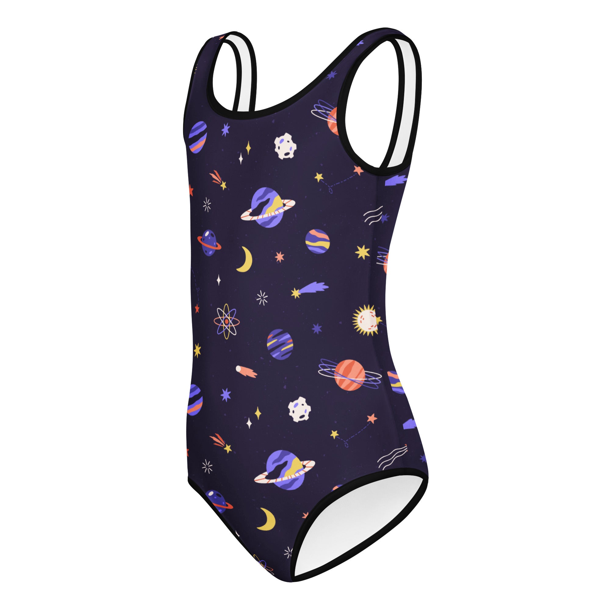 Girls purple galaxy space buttery soft navy blue one-piece swimsuit with colorful planets stars and moons quick drying