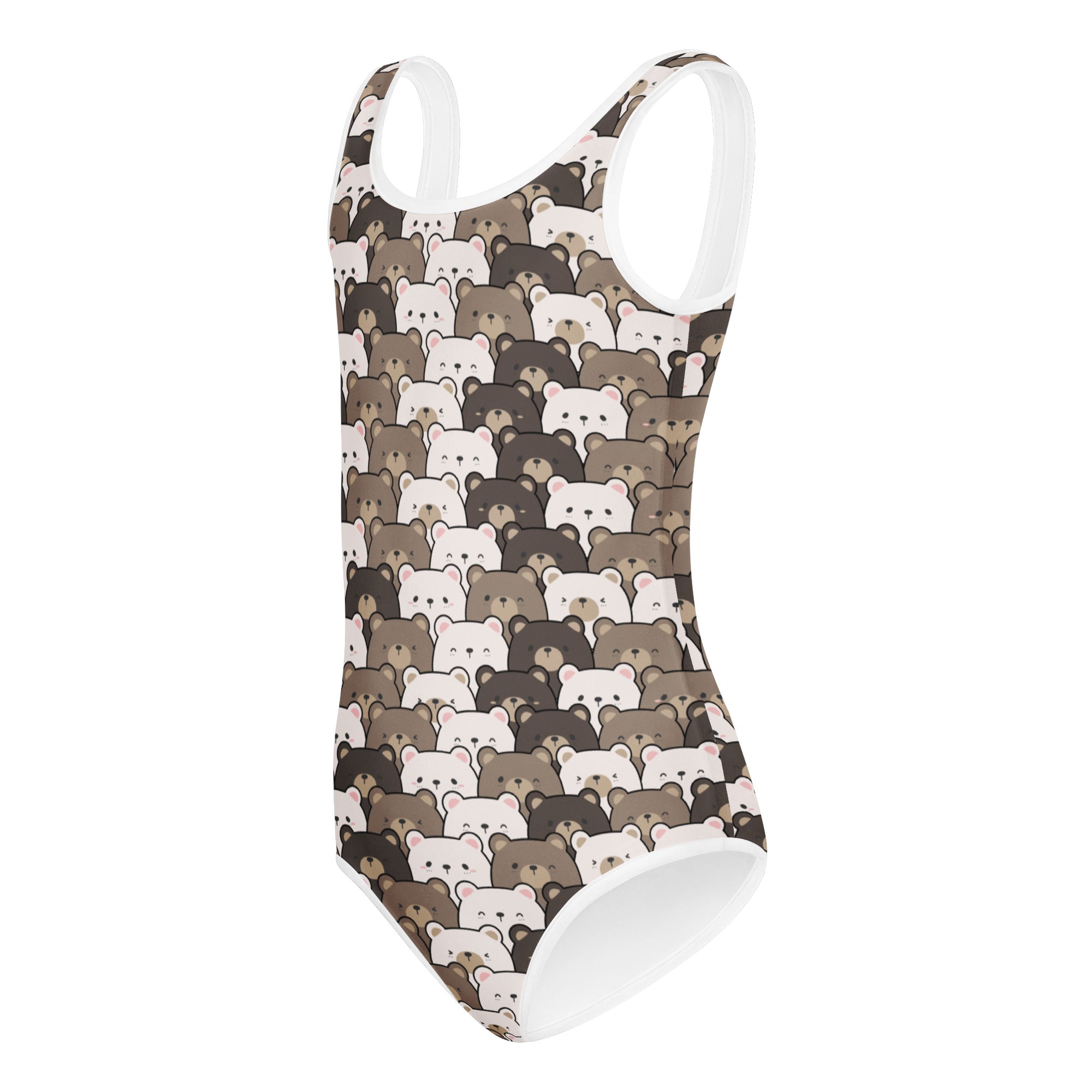 Girls bear face buttery soft leotard in brown white with playful cartoon bear pattern and white trim for dance and gymnastics