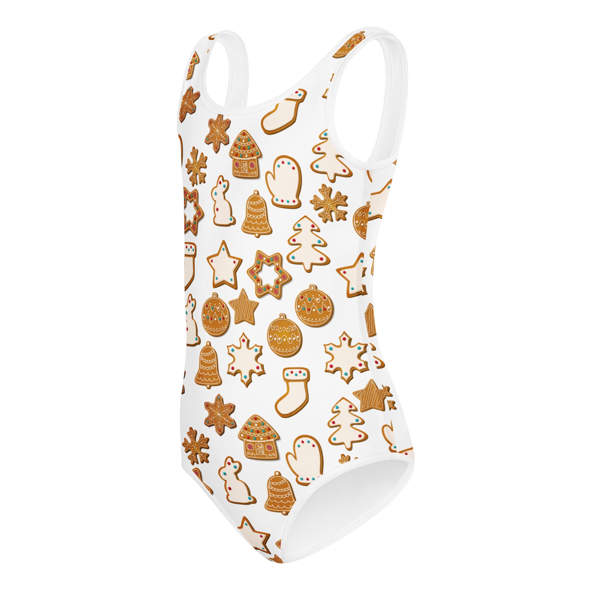 Girls festive gingerbread cookies buttery soft white one-piece swimsuit with quick drying fabric for dance and gymnastics