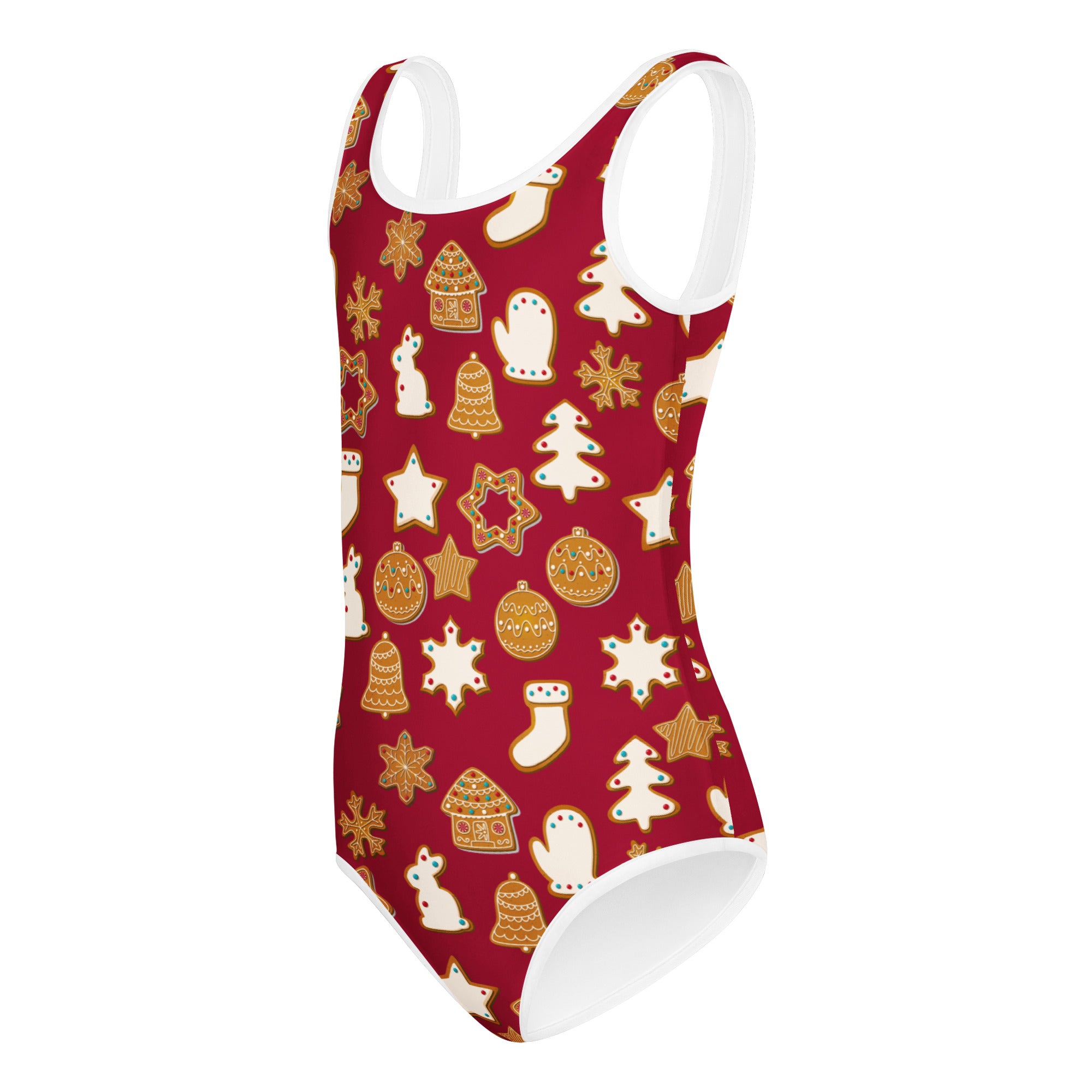 Girls red festive gingerbread cookies buttery soft one-piece swimsuit with gold and white holiday motifs for dance and gymnastics