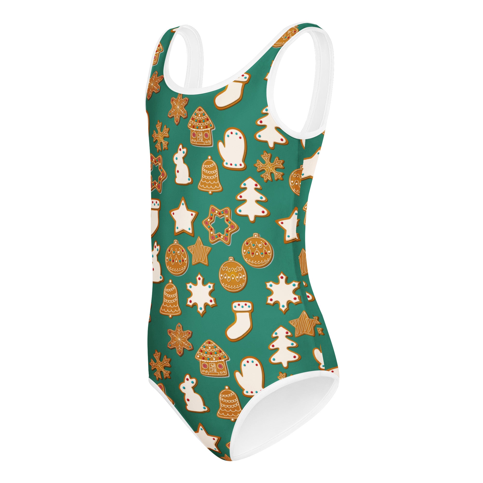 Girls green festive gingerbread cookies buttery soft one-piece swimsuit with holiday motifs for dance and gymnastics