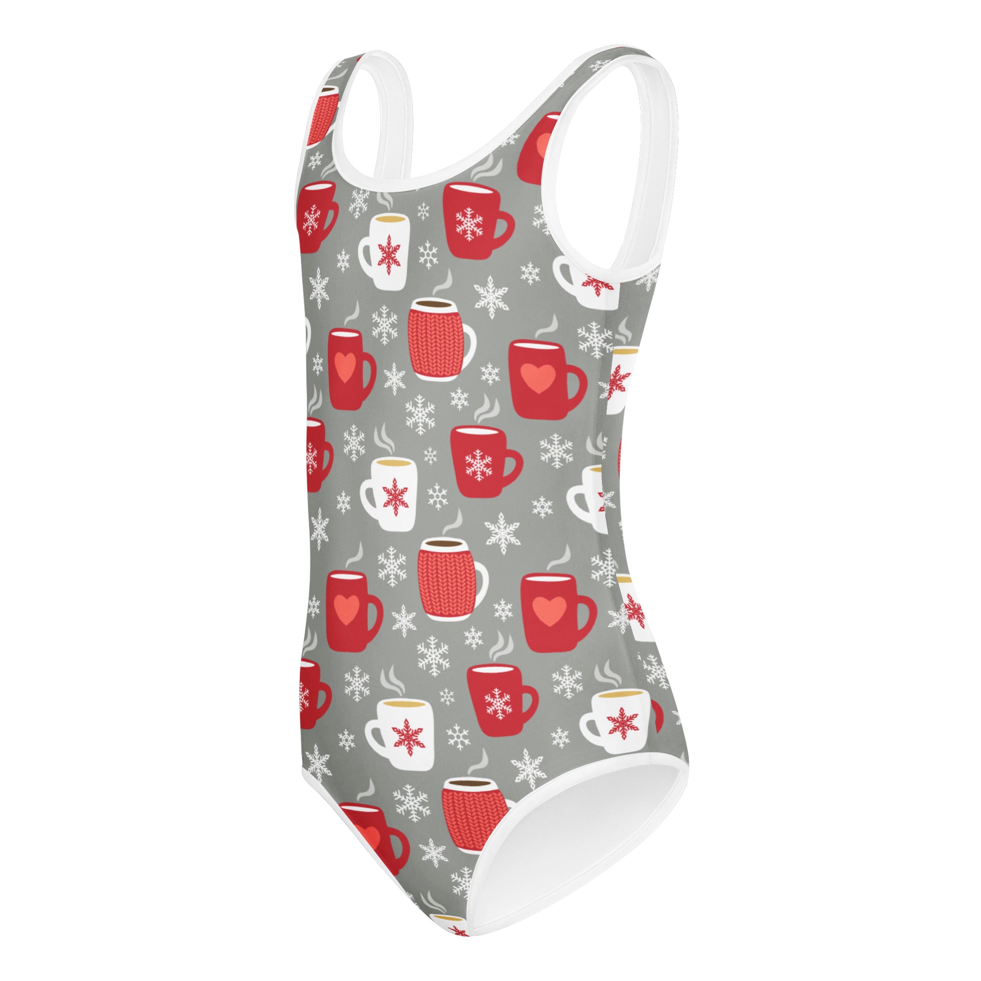 Gray girls hot cocoa christmas buttery soft quick drying leotard with white trim and red white mug pattern