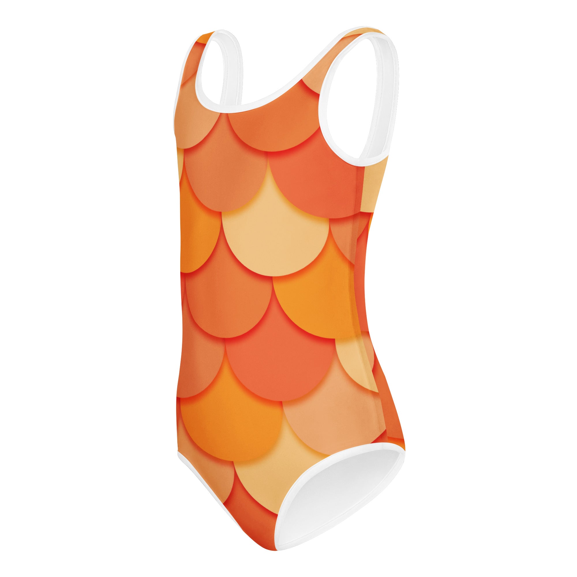 Girls orange mermaid buttery soft fish-scale leotard with white trim quick drying for dance and gymnastics