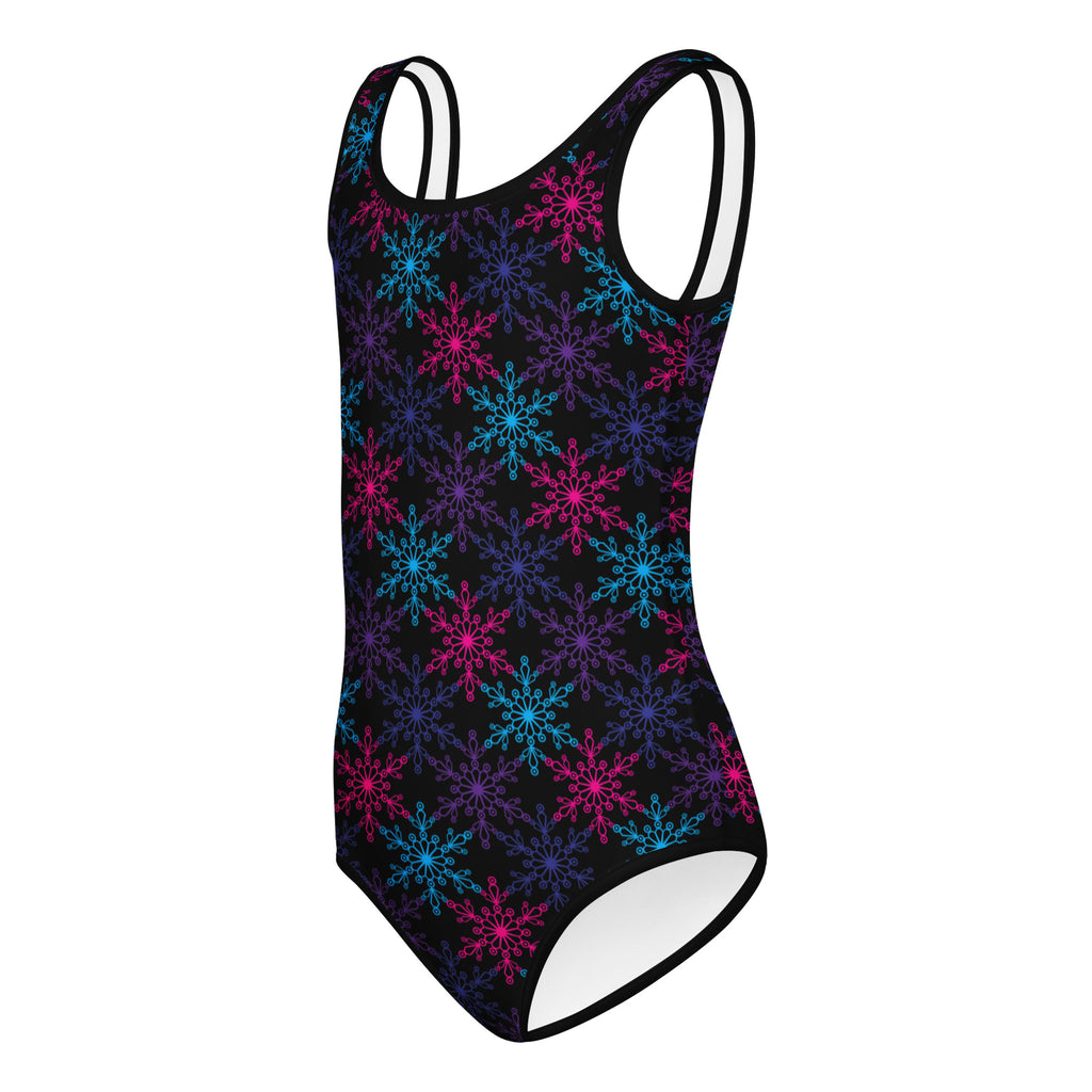 Black girls neon snowflake buttery soft quick drying leotard with vibrant pink blue and purple snowflake patterns