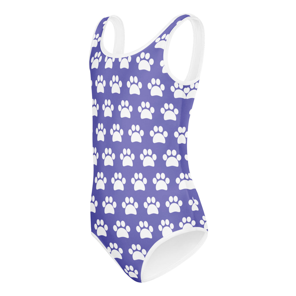 Girls purple paw print buttery soft leotard with white trim quick drying for dance and gymnastics