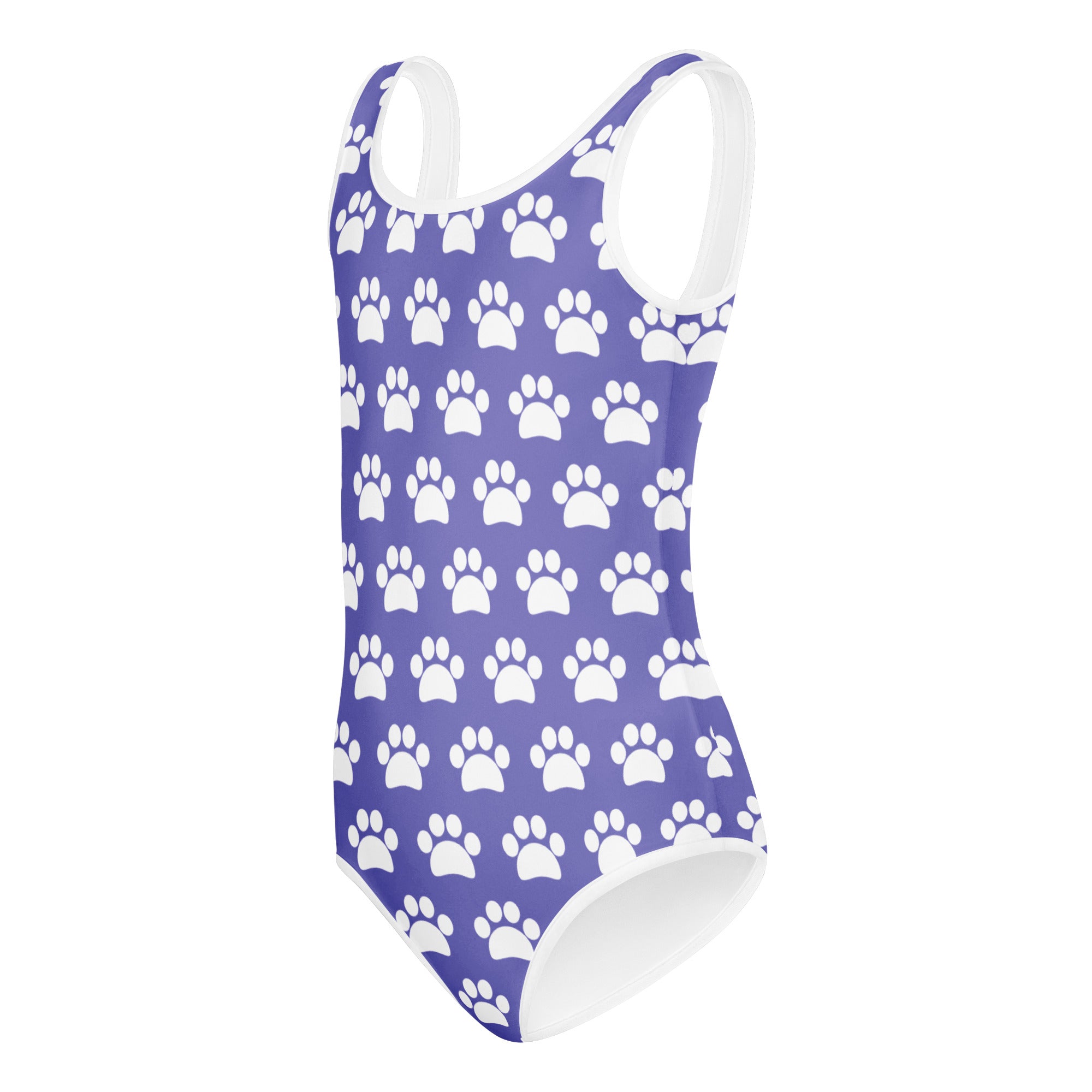 Girls purple paw print buttery soft leotard with white trim quick drying for dance and gymnastics