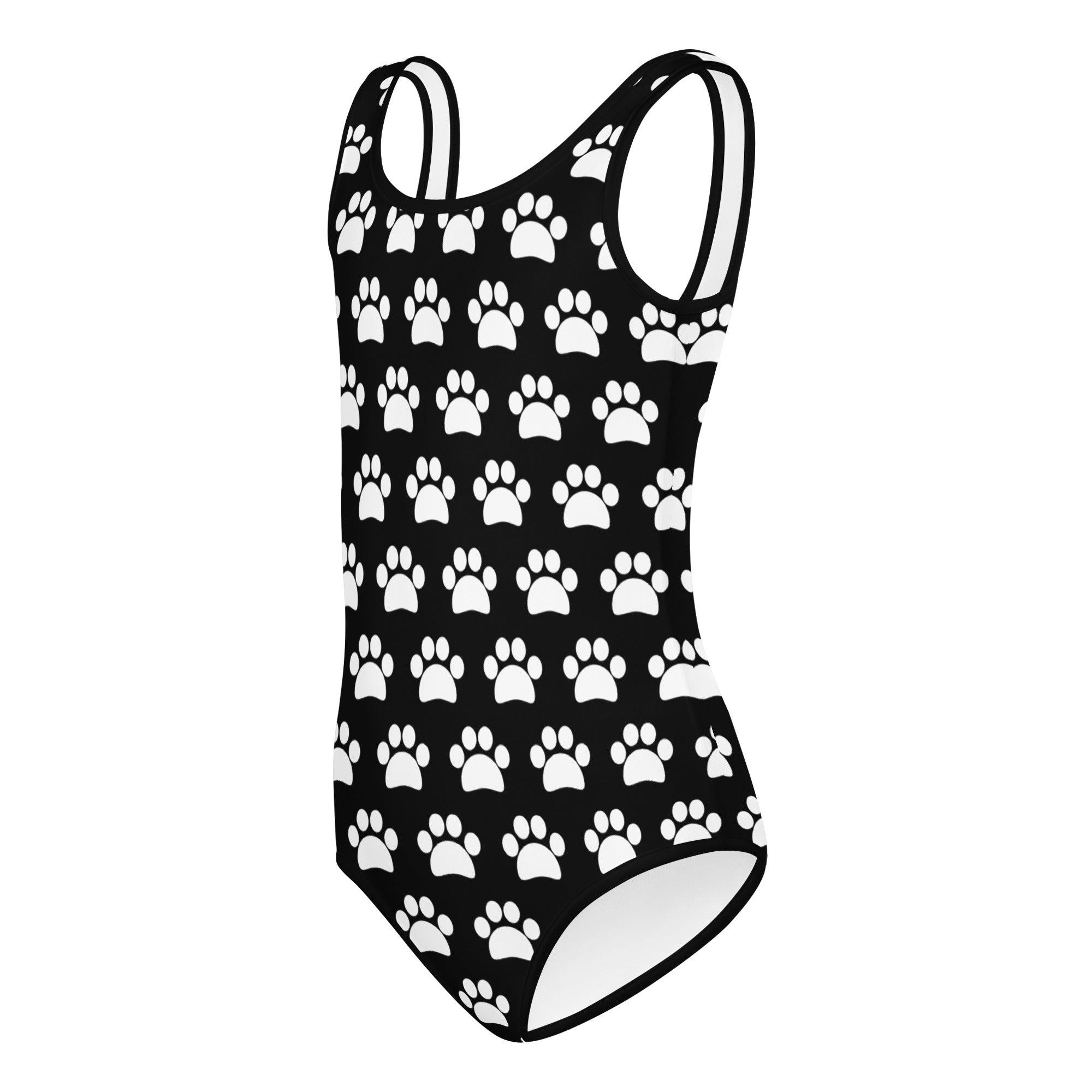 Girls black one-piece swimsuit with white paw print pattern made of buttery soft quick-drying fabric for dance and gymnastics