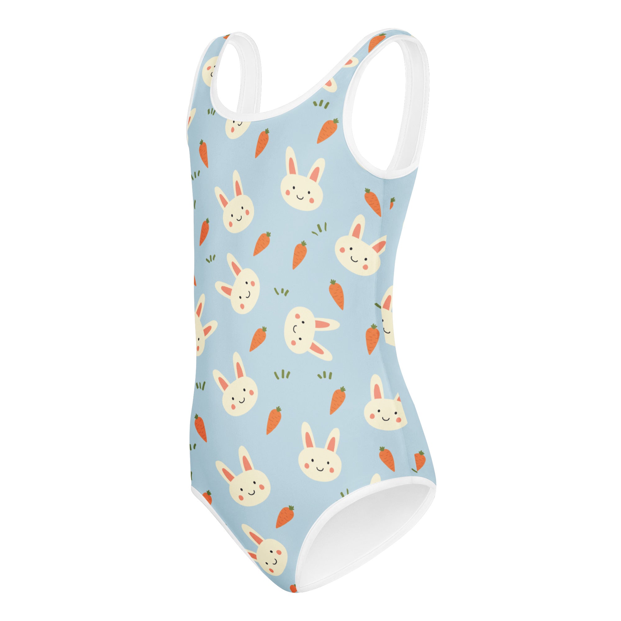 Girls rabbits and carrots buttery soft light blue one-piece swimsuit with white trim quick drying for dance and gymnastics