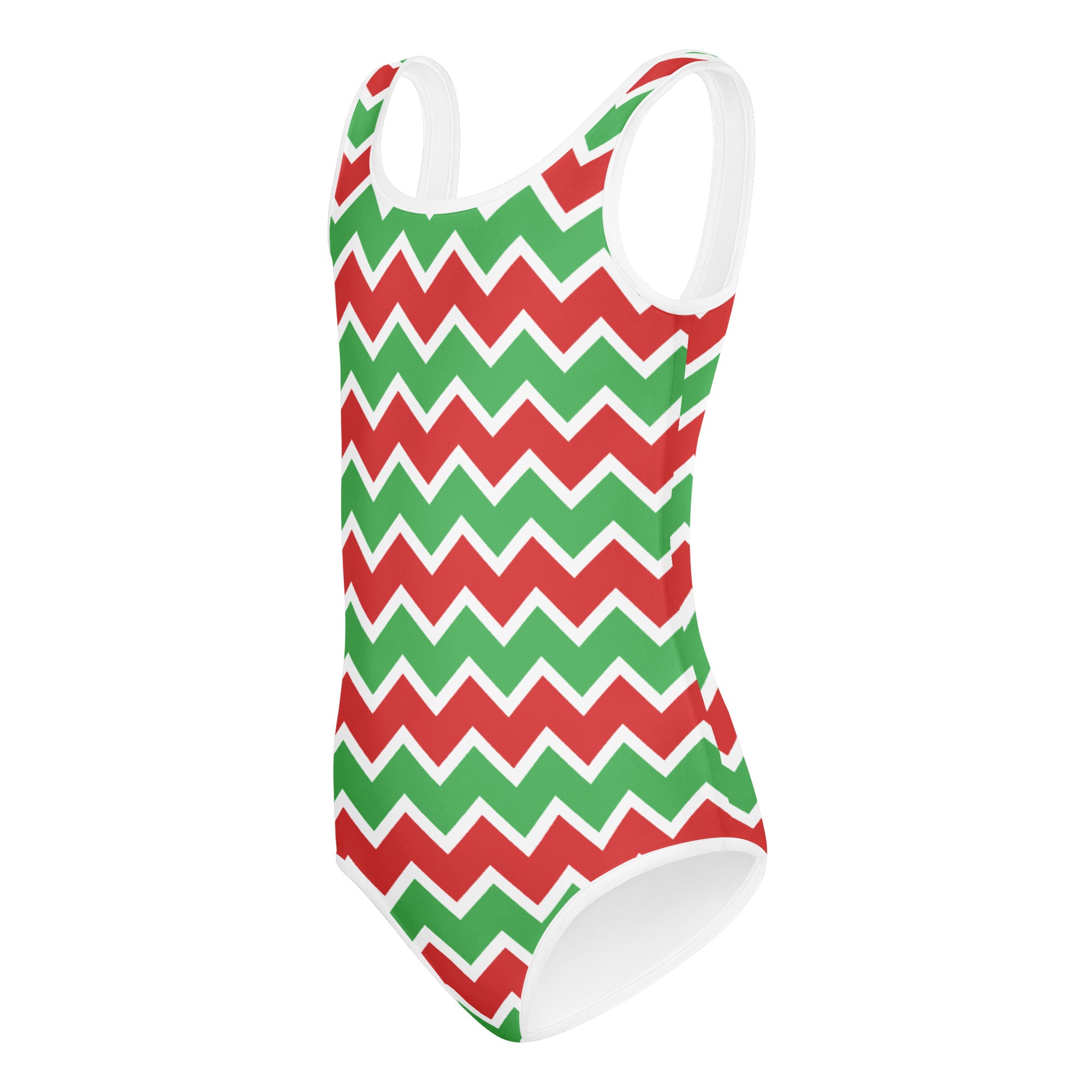 Girls christmas zigzag pattern buttery soft one-piece swimsuit in red green chevron with white trim for dance and gymnastics