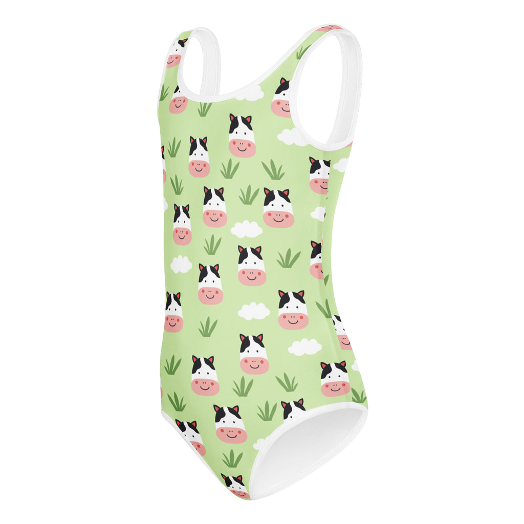 Girls cow print buttery soft light green one-piece swimsuit with cartoon cows and clouds quick drying for dance and gymnastics