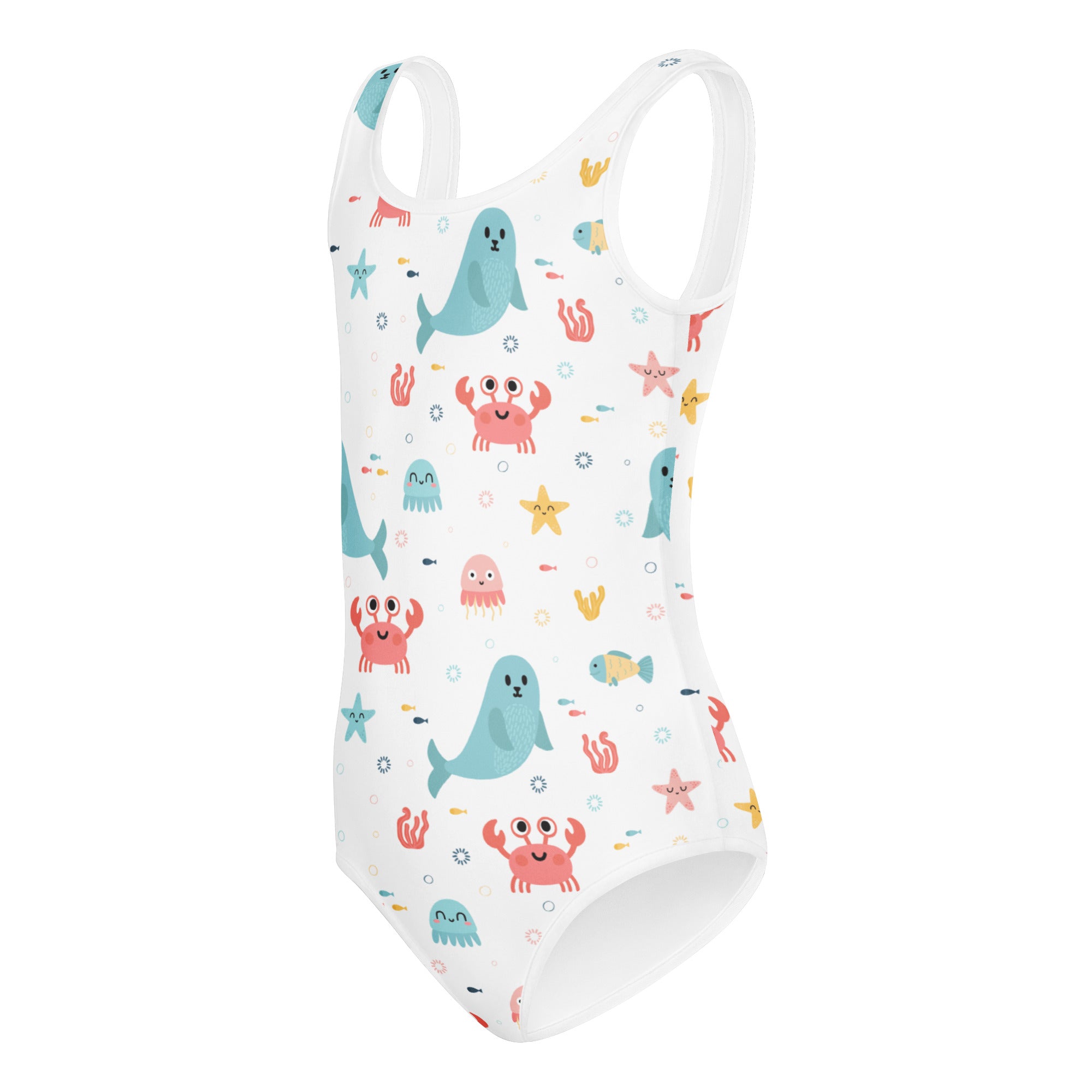 White girls ocean animals buttery soft quick drying leotard with playful pastel underwater seal crab and starfish pattern