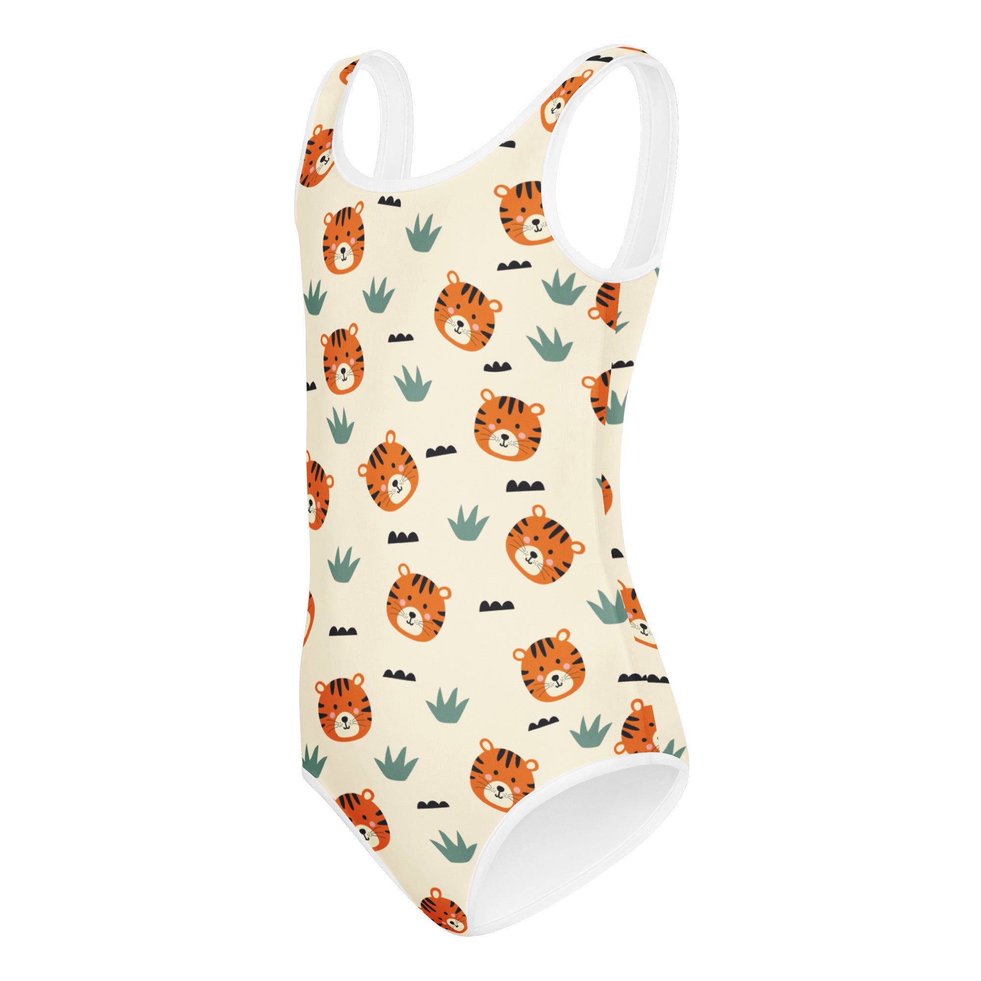 A cream-colored girls tiger print buttery soft quick-drying leotard with orange tiger faces and green cactus plants