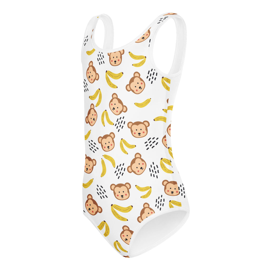 White girls monkey buttery soft quick drying leotard with playful brown yellow and black cartoon monkey and banana pattern