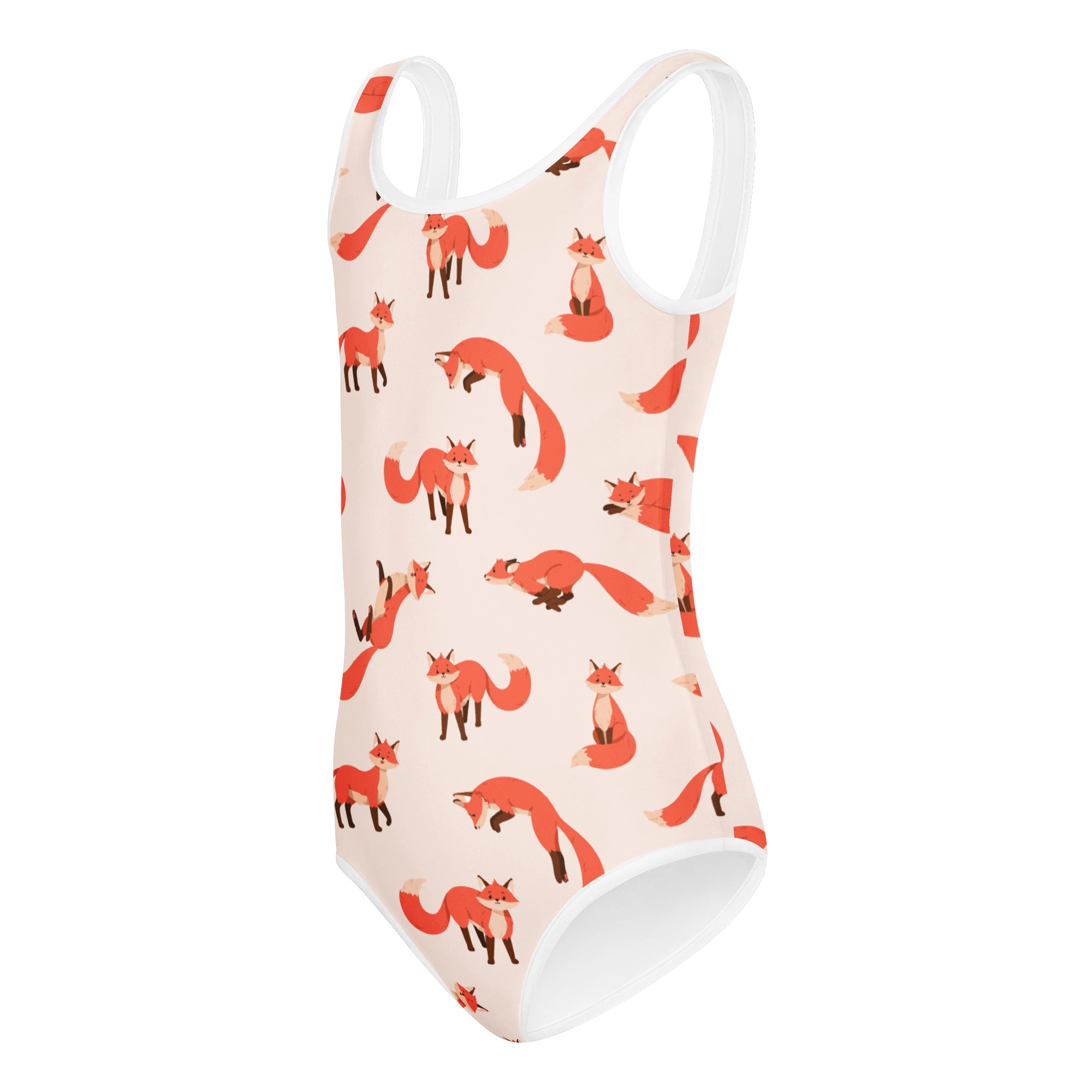 Girls fox buttery soft leotard in pink with white trim and orange fox pattern quick drying for dance and gymnastics
