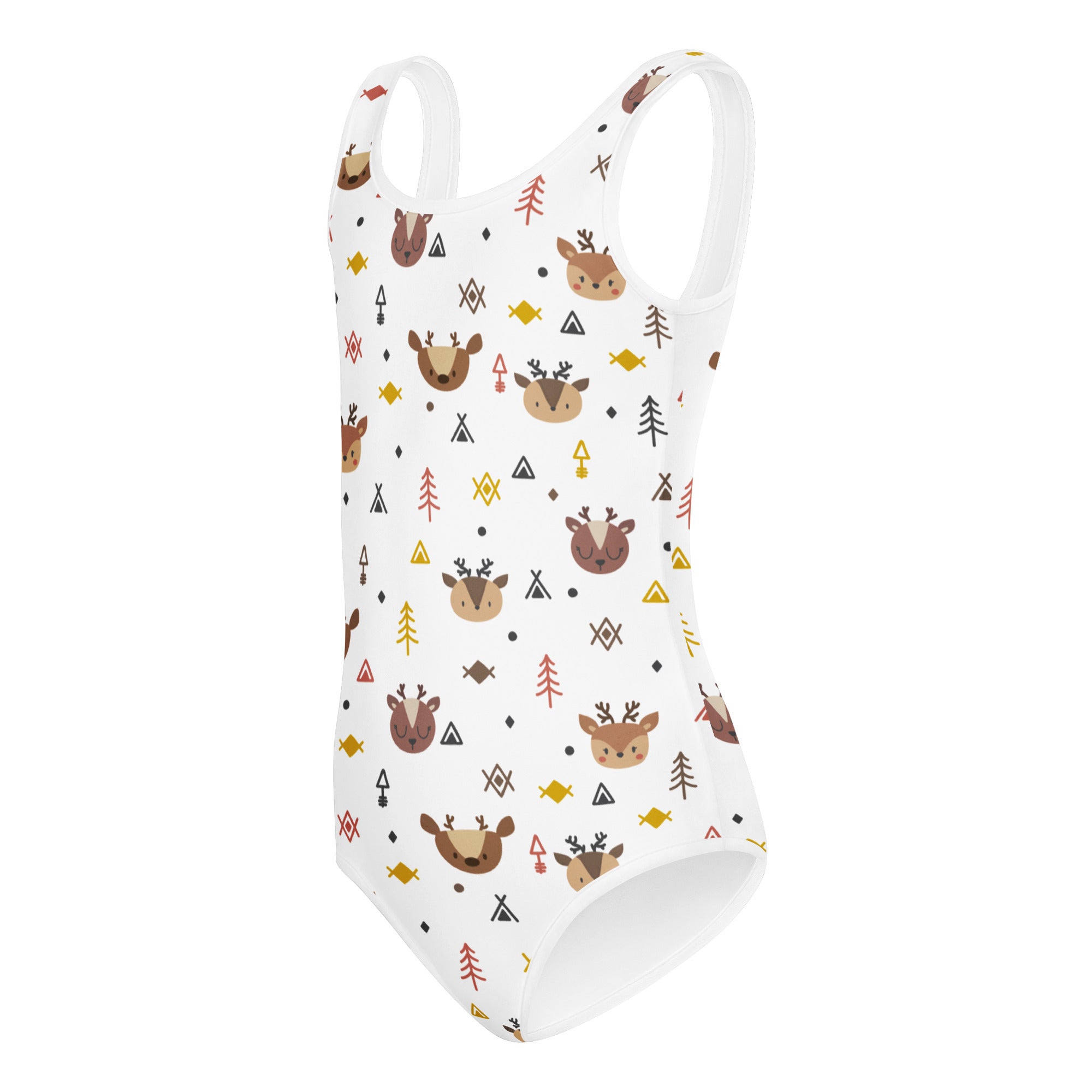 White girls woodland reindeer buttery soft leotard with brown deer heads yellow fish quick drying for dance and gymnastics