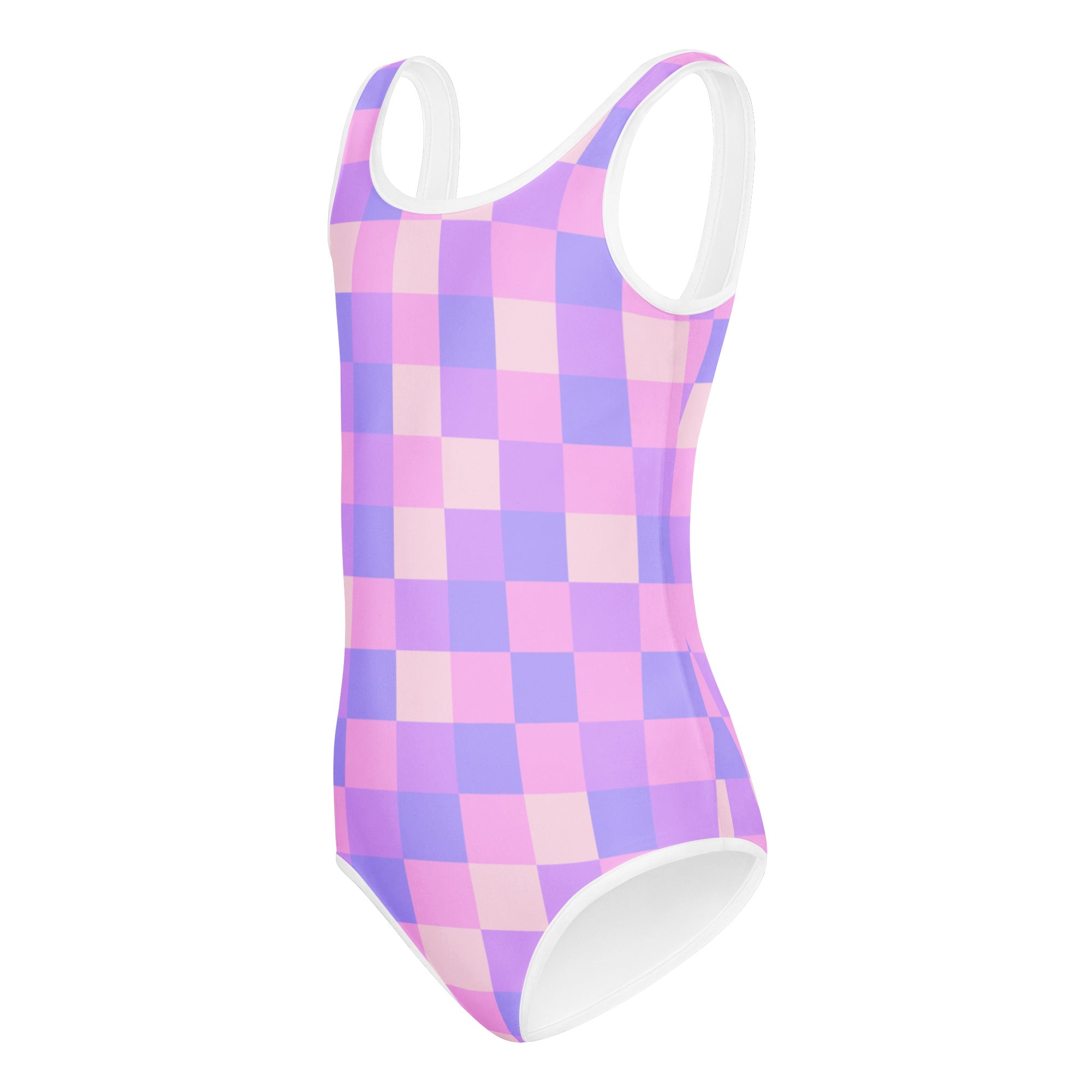 Girls purple checkered buttery soft leotard in pink and purple with white trim quick drying for dance and gymnastics