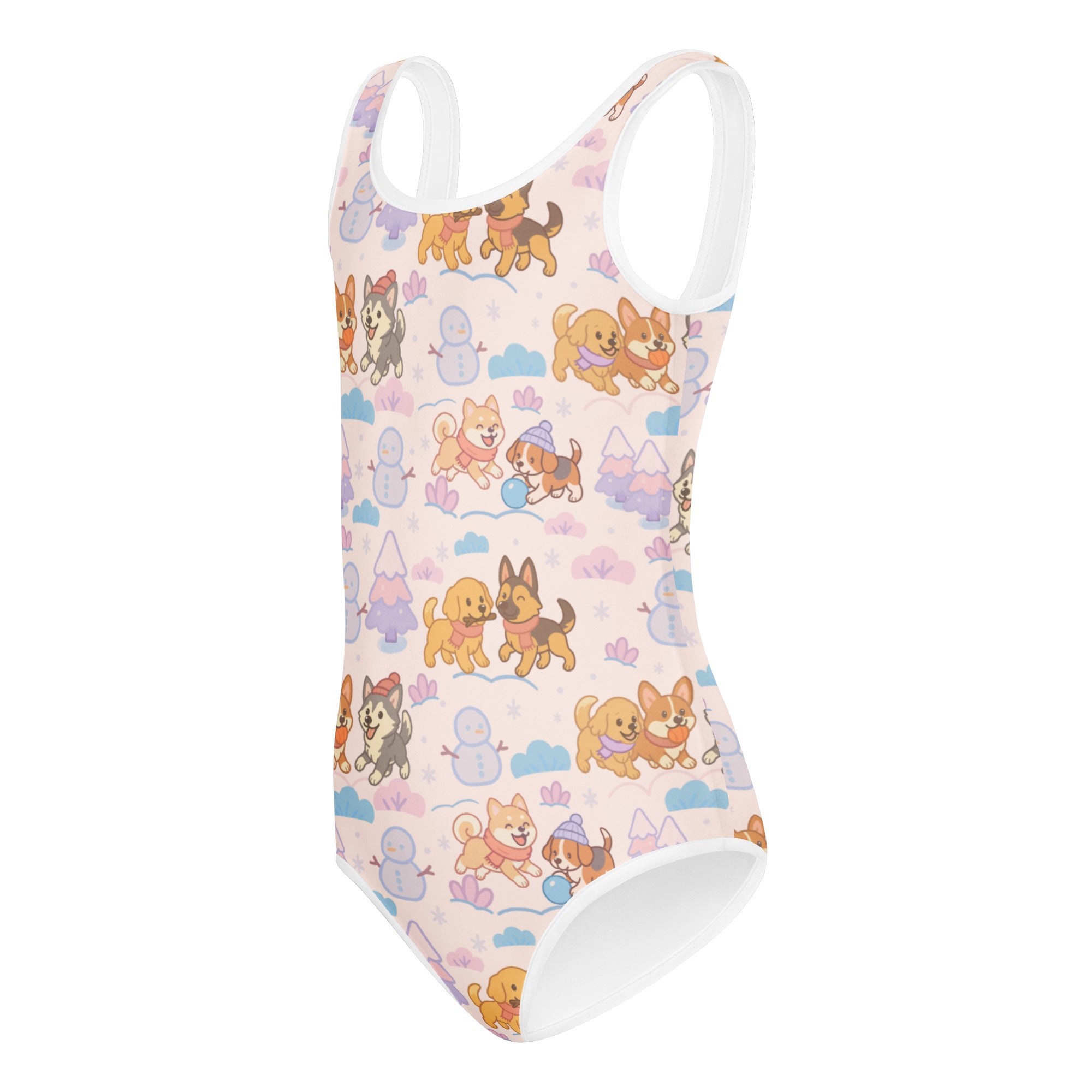 Girls winter puppy buttery soft pink one-piece swimsuit with white trim and playful cartoon dogs and snowmen pattern