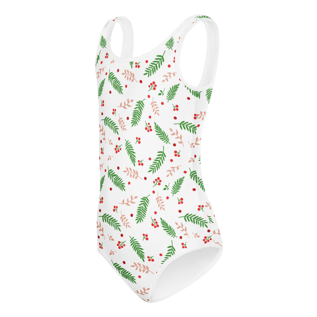 White girls holiday holly buttery soft leotard with green and blush-pink leaf pattern and red berries for dance and gymnastics